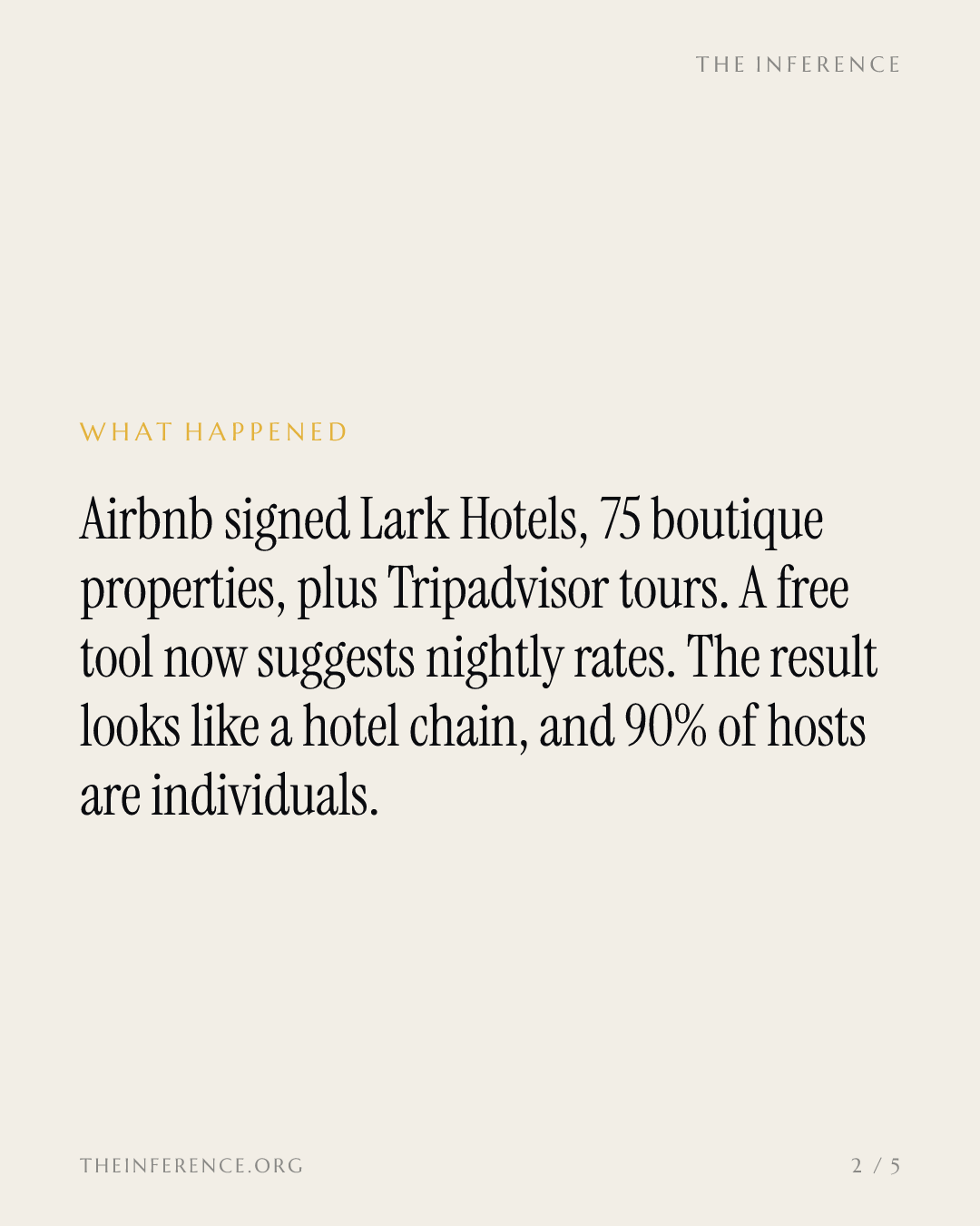 Airbnb turns franchisor with Lark's 75 hotels; the bill lands on the 90% of hosts who are individuals — slide 1