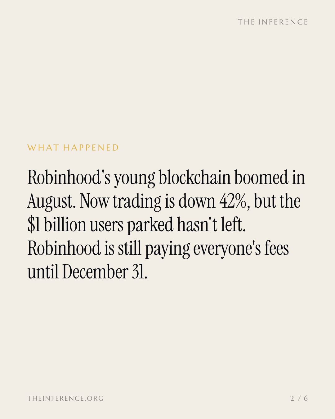 Robinhood Chain trading falls 42% while $1 billion sits parked and Robinhood pays the fees until December 31 — slide 1