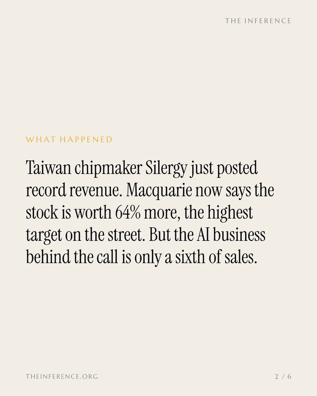 Macquarie values Silergy at NT$800, about 64% above the close, on record revenue; AI is a sixth of sales — slide 1