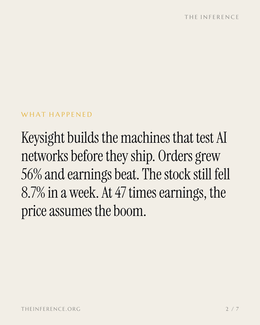 Keysight's orders grew 56% on the AI buildout, and its stock still fell 8.7% in a week — slide 1