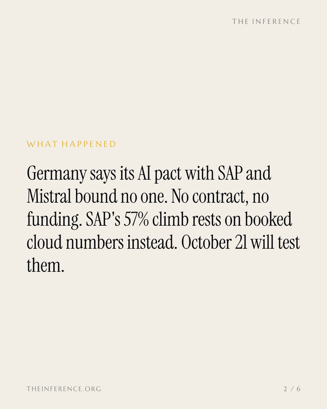 Germany says its SAP-Mistral AI pact bound no one; SAP shares are up 57% into October 21 earnings — slide 1