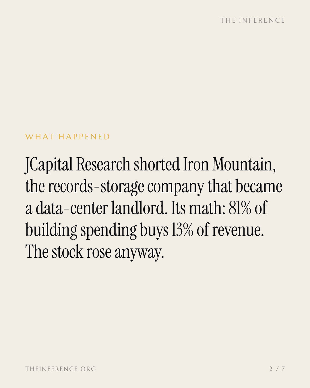 A short seller says Iron Mountain's data center bet barely covers its interest bill. The stock rose. — slide 1