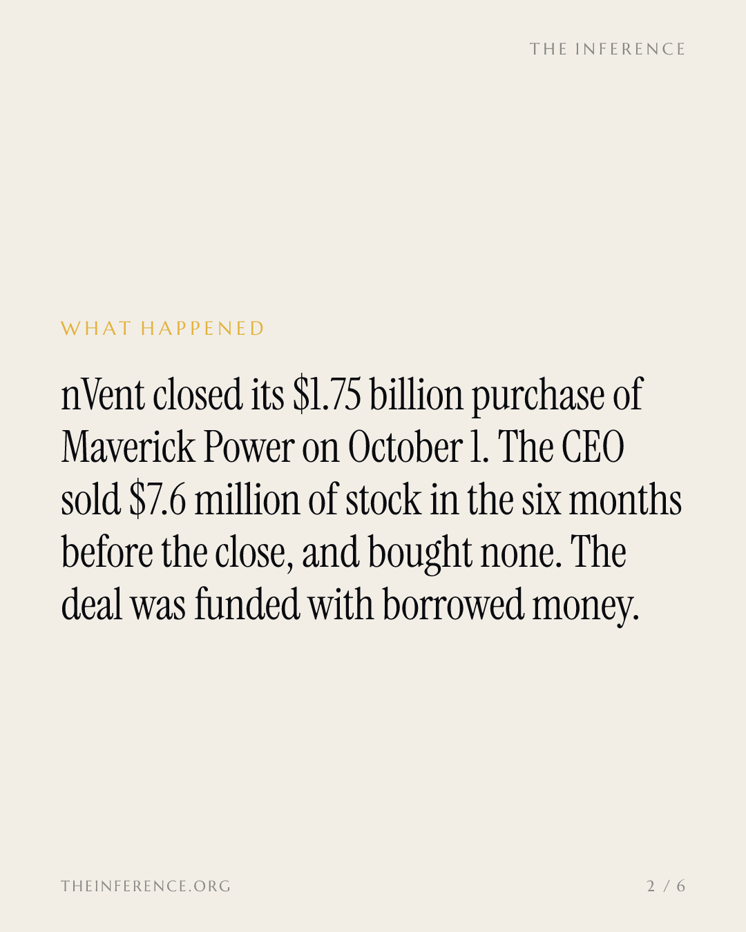 nVent closed its $1.75 billion Maverick Power purchase; CEO Beth Wozniak had sold $7.6 million of stock — slide 1
