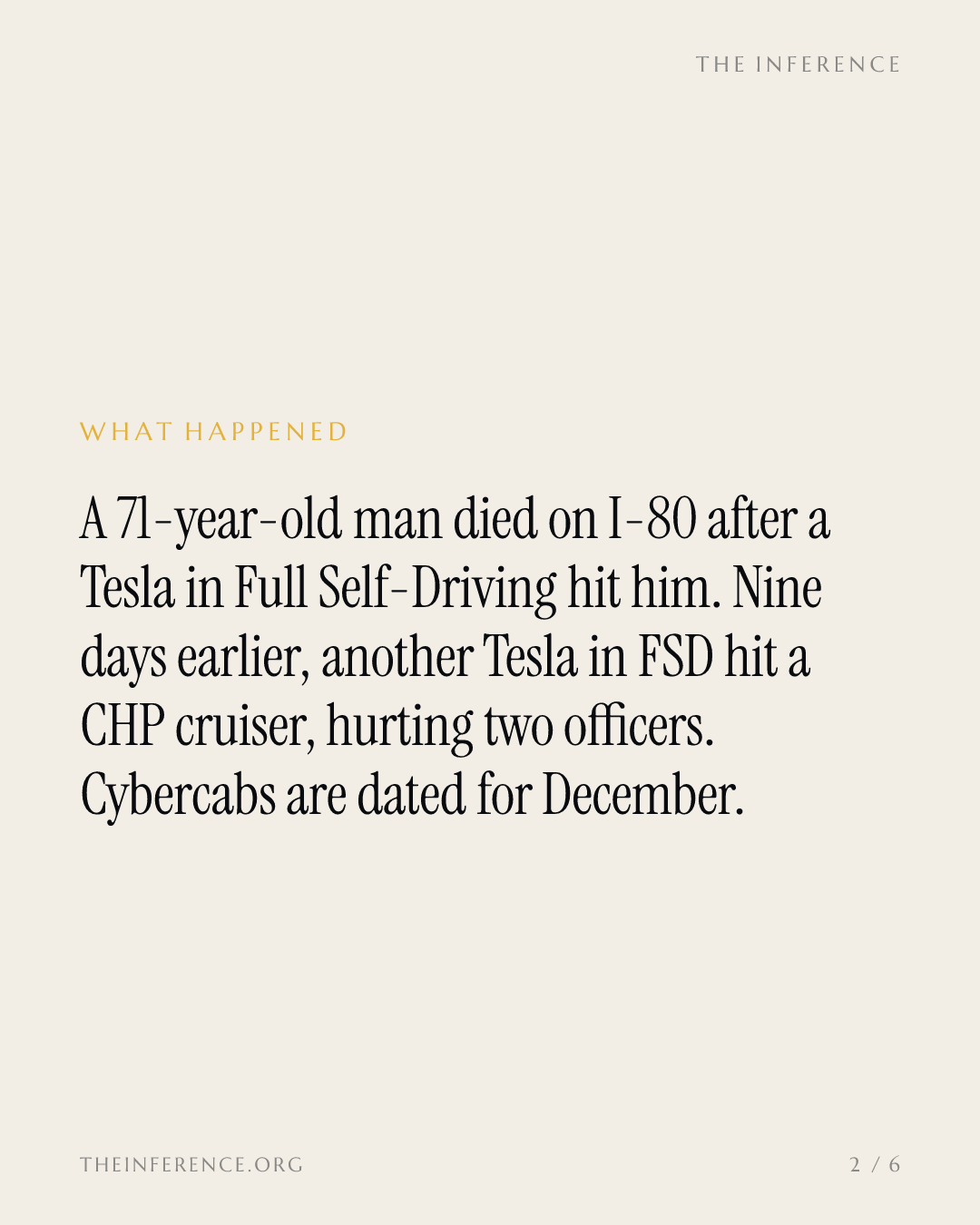 A second Tesla Full Self-Driving crash in nine days, this one fatal, lands on the December Cybercab date — slide 1
