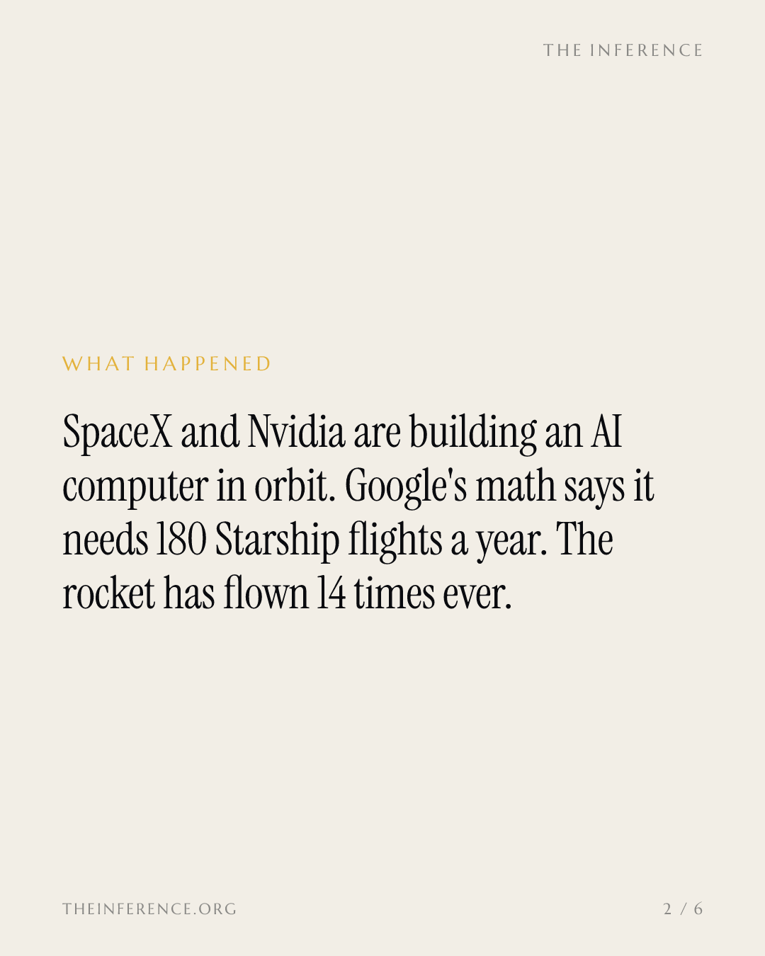 SpaceX's orbital AI plan needs 180 Starship flights a year; the rocket has flown 14 times ever — slide 1