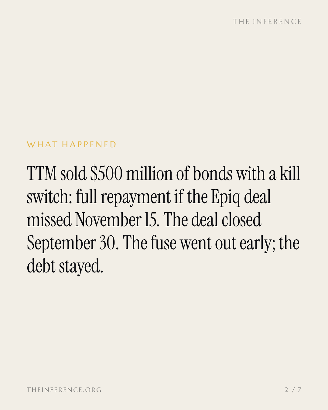 TTM armed a seven-week self-destruct on $500 million of notes. Epiq closed in time. — slide 1