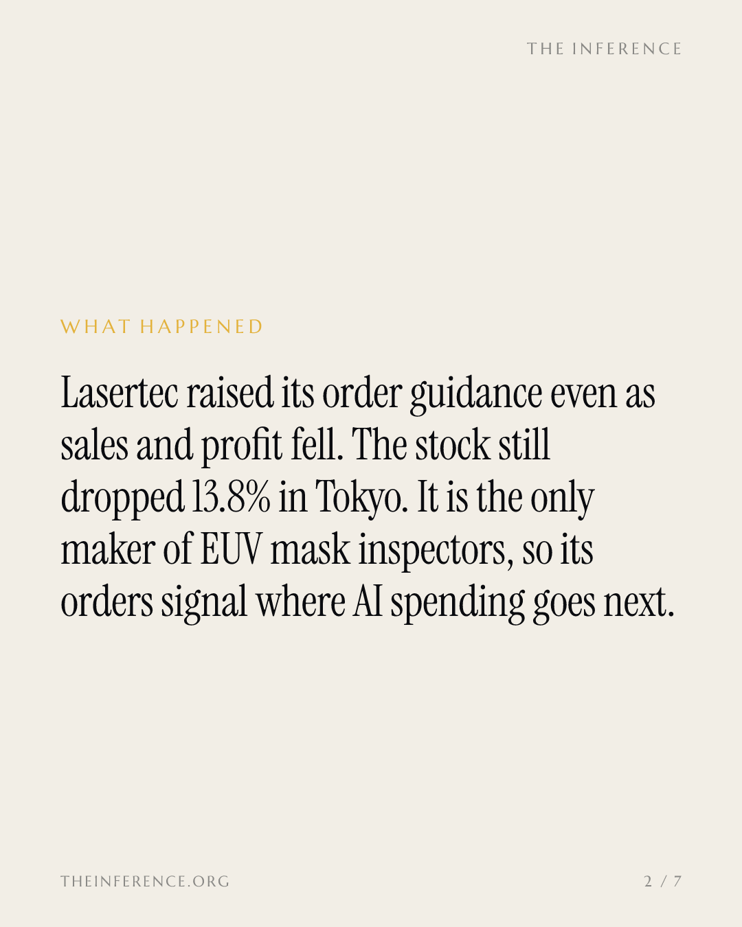 Lasertec, the only actinic EUV mask inspector supplier, raised order guidance and closed down 8.8% — slide 1
