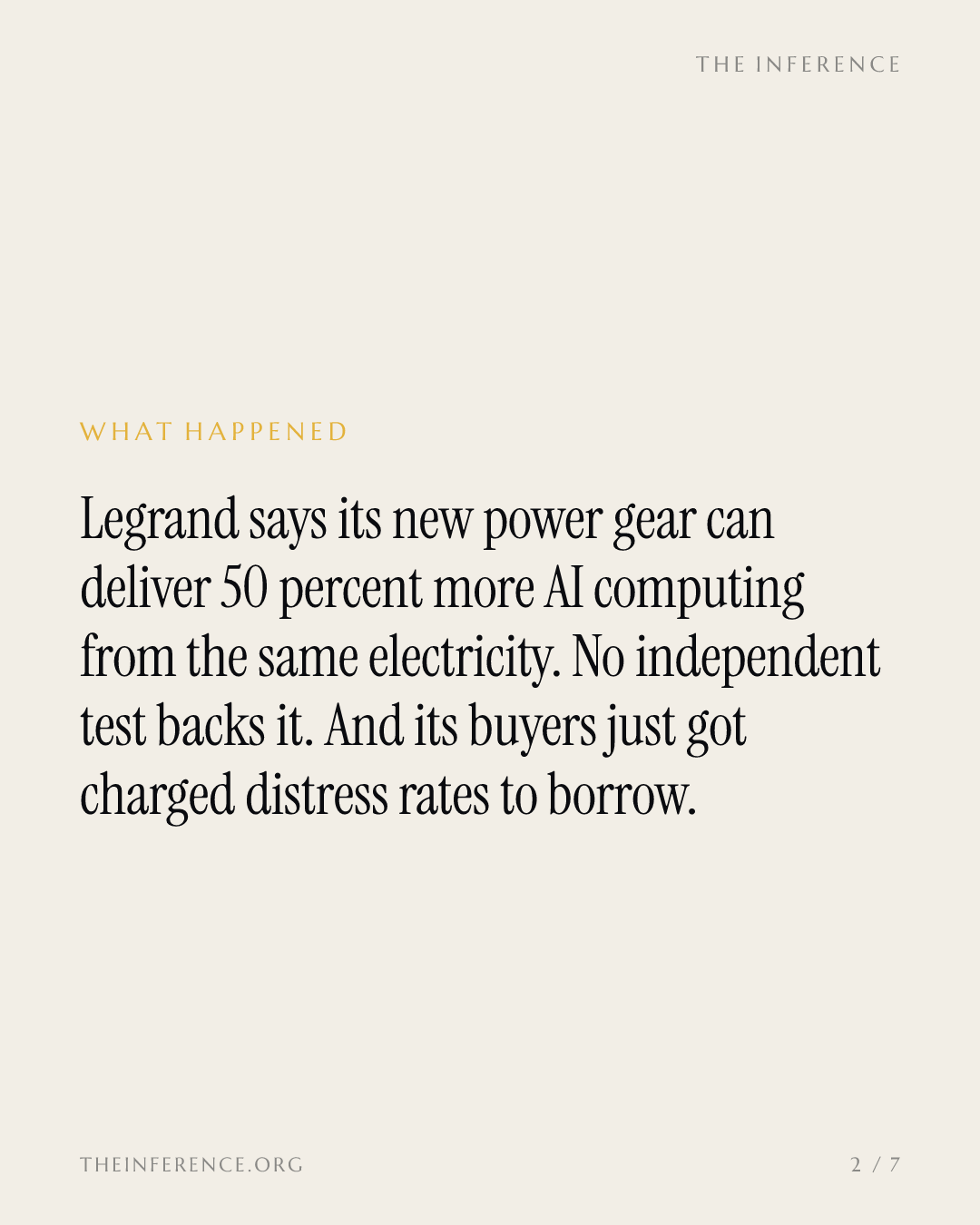 Legrand promised 50% more AI tokens per watt; data-center debt just went distressed — slide 1
