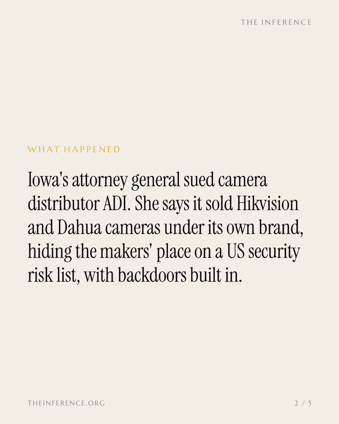 Iowa sues ADI for selling Hikvision and Dahua cameras under its own brand, alleging hidden backdoors — slide 1