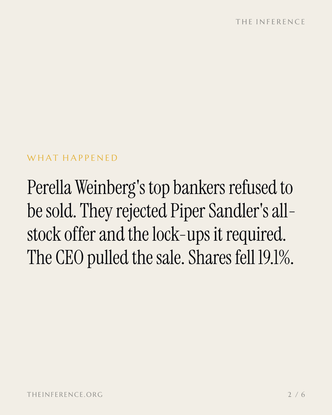 Perella Weinberg's rainmakers killed its Piper Sandler sale; shares fell 19.1% — slide 1