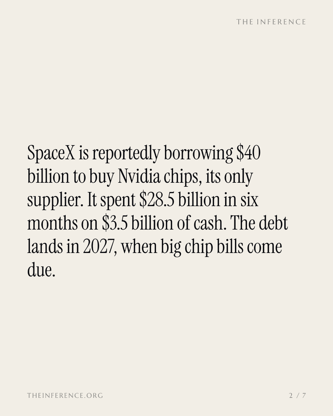Musk bound SpaceX to one chip supplier; the bill is $40 billion of debt — slide 1
