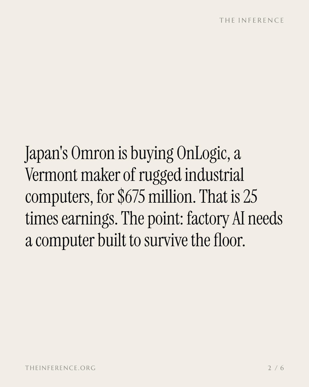 Omron agreed to pay $675 million for OnLogic, about 25 times adjusted EBITDA, to add factory-floor AI compute — slide 1