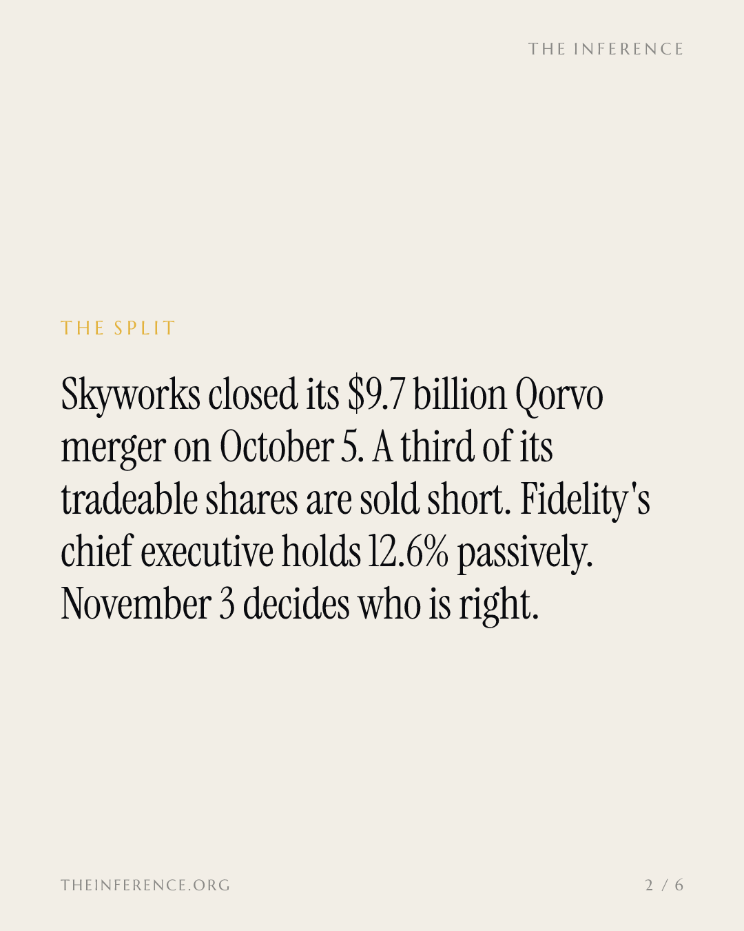 Shorts hold 34.44% of Skyworks' float against the Qorvo merger's $500 million savings promise — slide 1