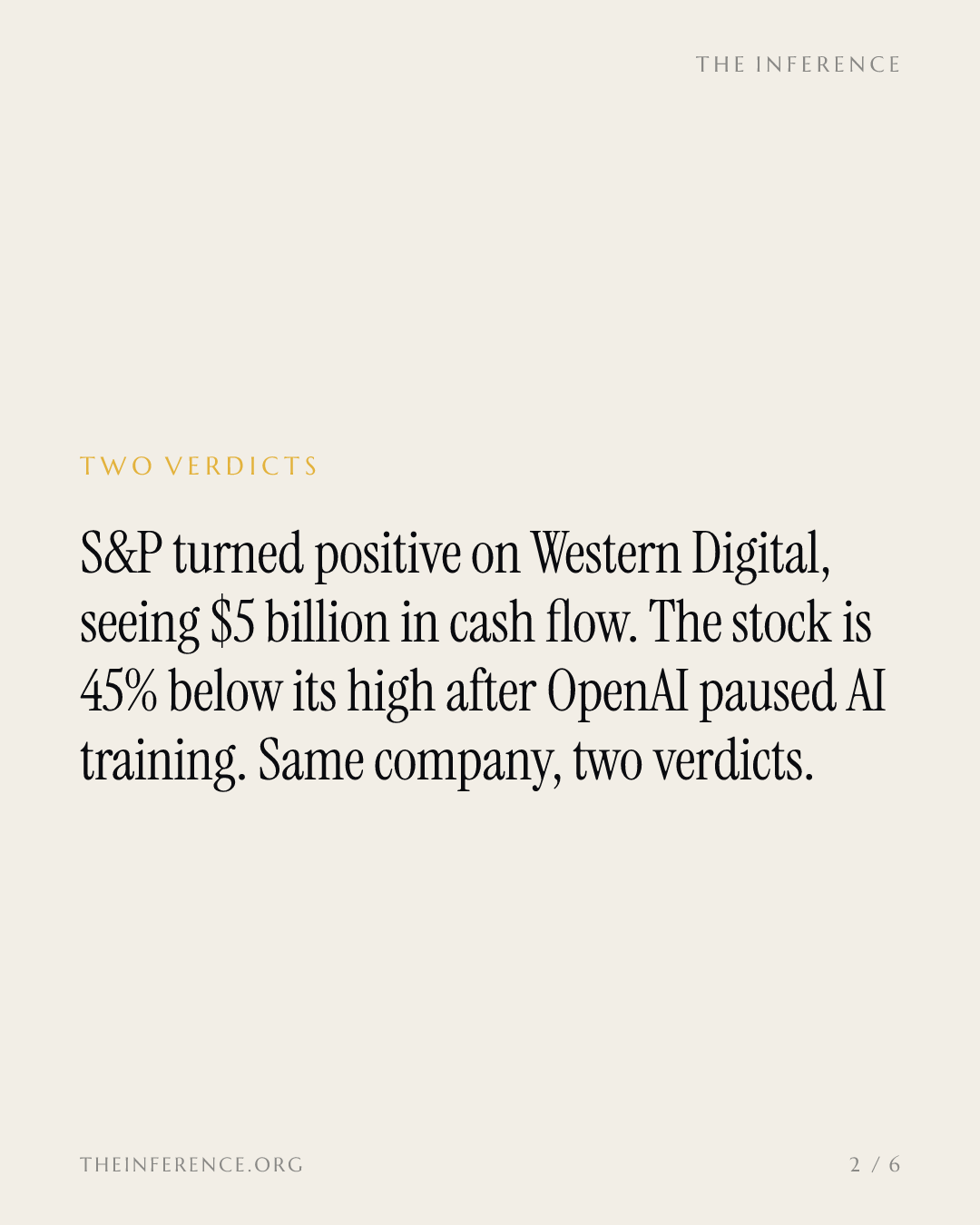 Two prices for Western Digital: S&P sees $5 billion in cash flow, the stock sits 45% below its high — slide 1