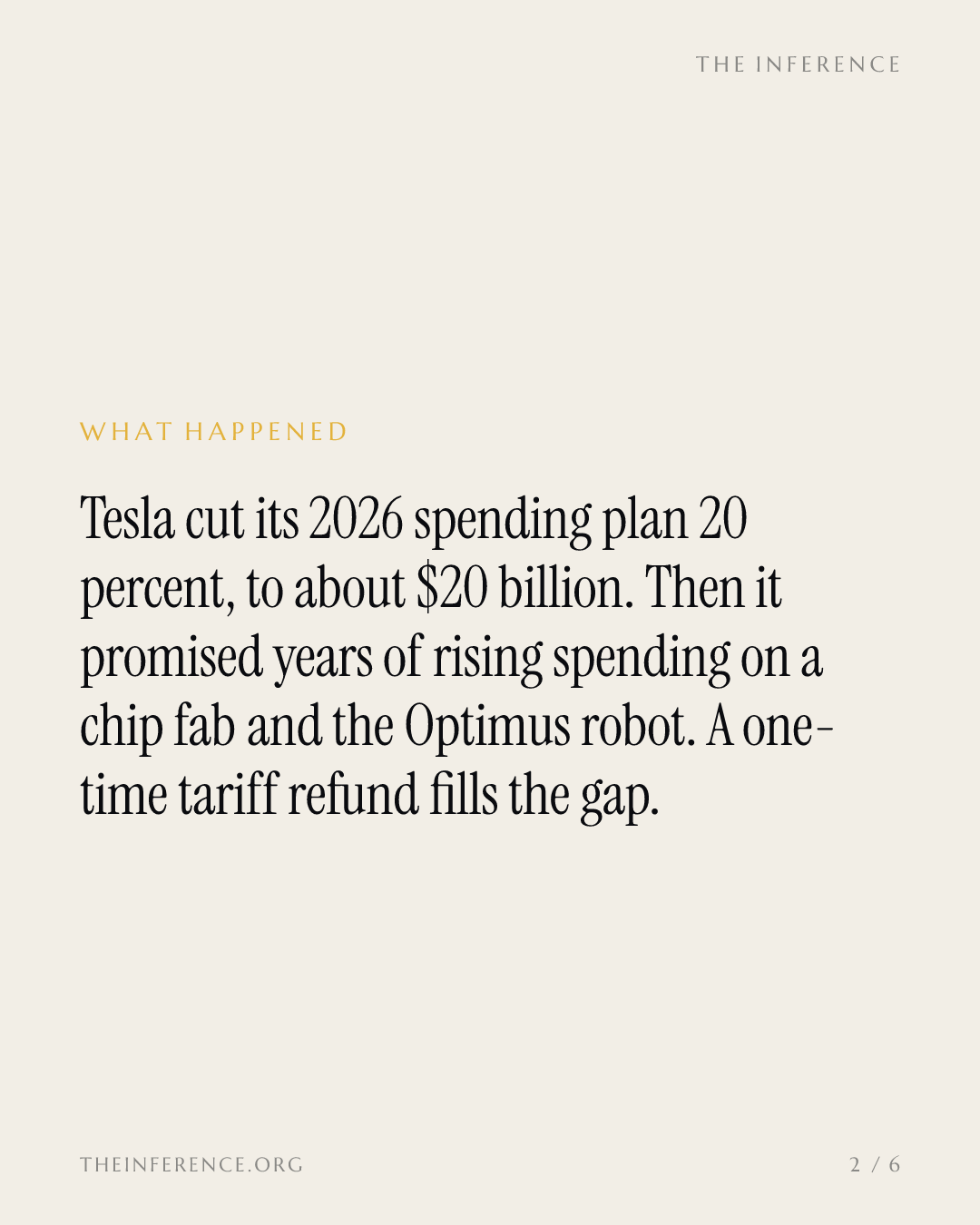 Tesla cut 2026 capex 20% to $20 billion while promising more spending on a fab and a robot — slide 1
