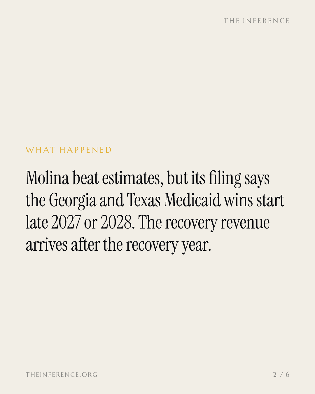 Molina's 10-Q moves its two biggest Medicaid wins past the 2027 recovery the Street is pricing — slide 1
