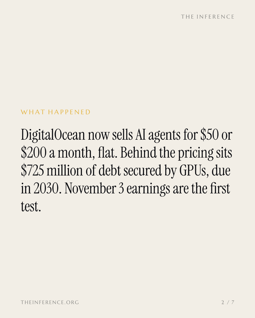 DigitalOcean prices AI agents at $50 and $200 a month before $725 million of GPU-secured debt comes due — slide 1