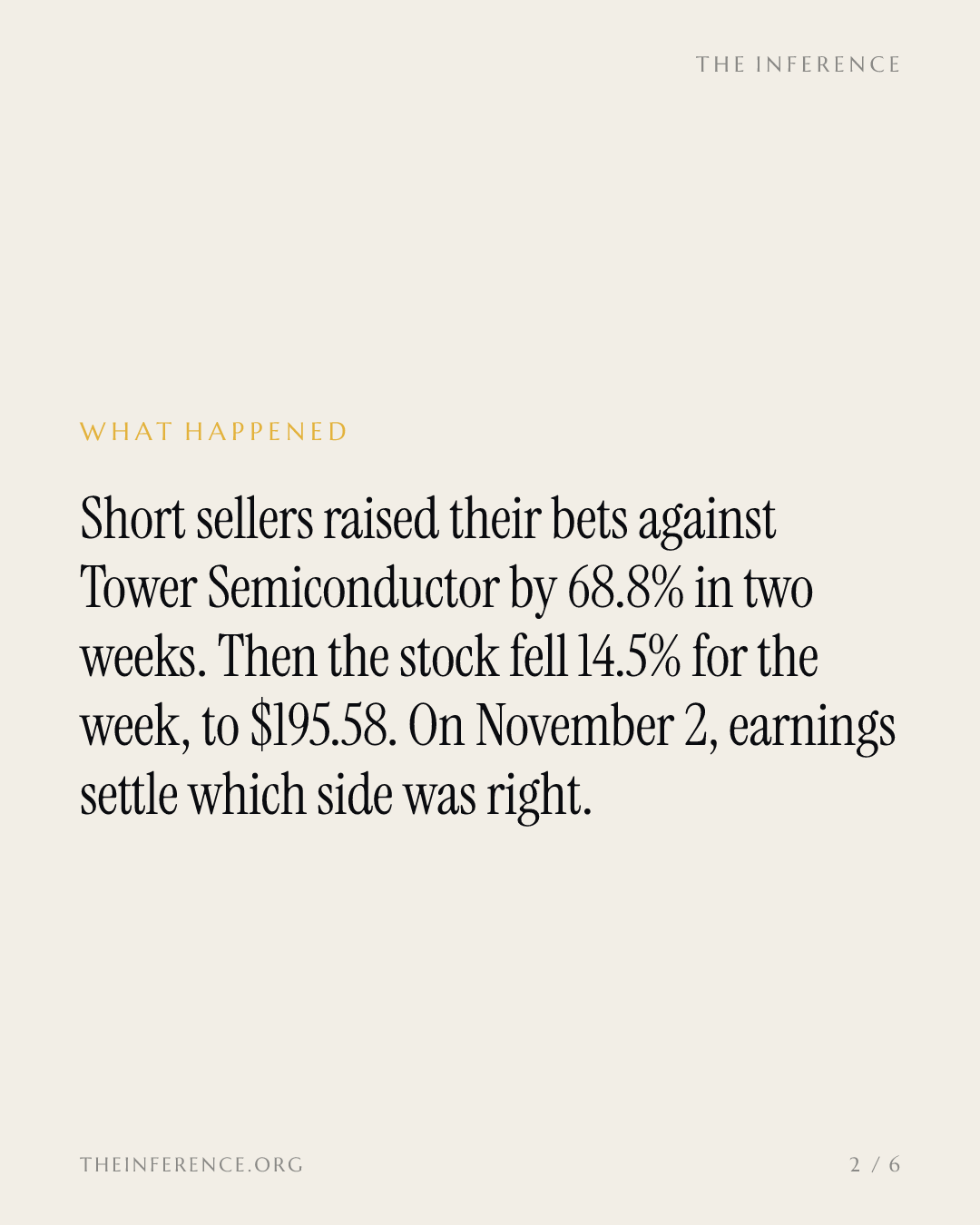 Short sellers nearly doubled bets against Tower Semiconductor, then the stock fell 14.5%; Nov. 2 settles it — slide 1