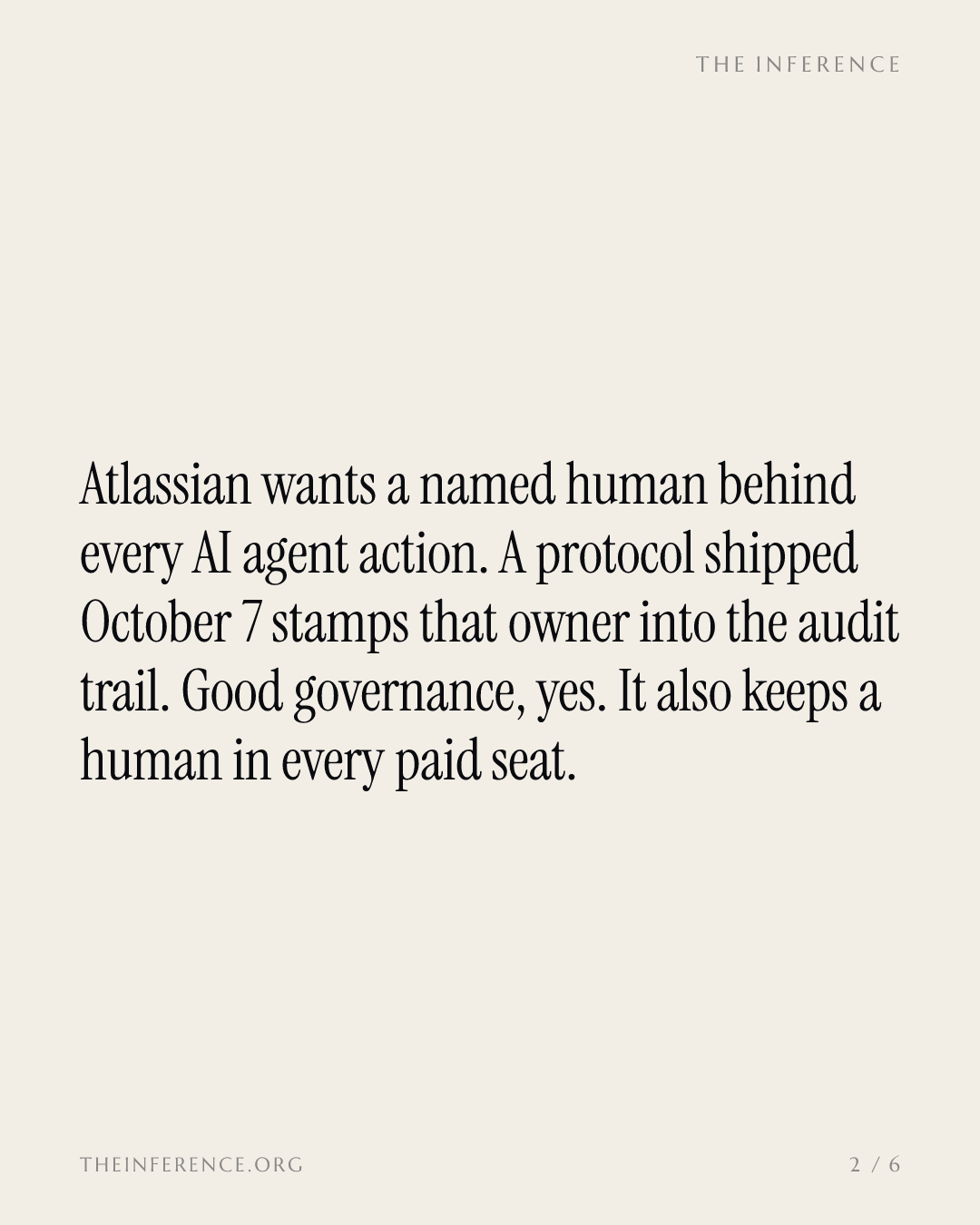 Atlassian's human-owner rule for AI agents is also how the seat bill survives — slide 1