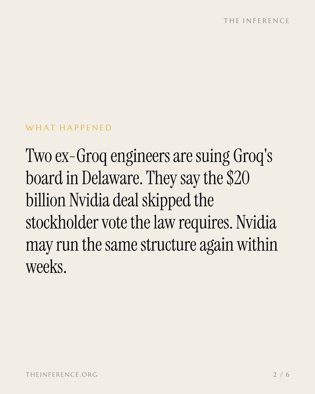 Ex-Groq engineers sue Groq's board over the $20 billion Nvidia deal; Nvidia weighs the same template again — slide 1