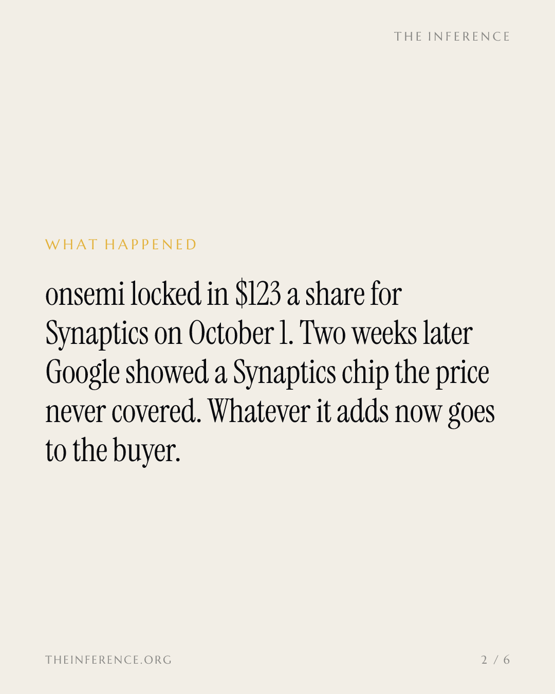 onsemi fixed $123 a share for Synaptics, then Google's chip widened what that price buys — slide 1