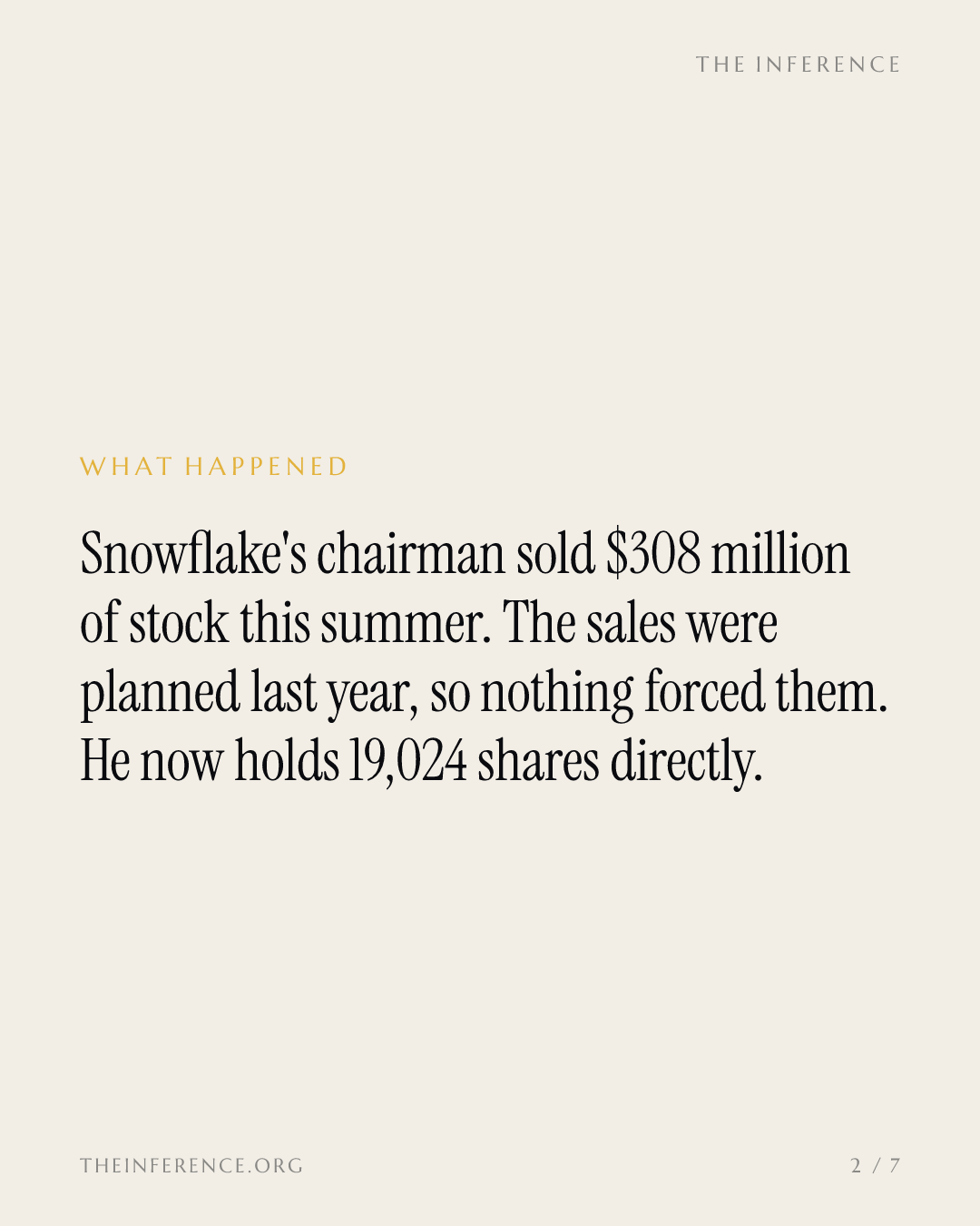 スノーフレイク会長、12週間で3億800万ドル相当の自社株を売却 手元に残したのは1万9024株 — slide 1