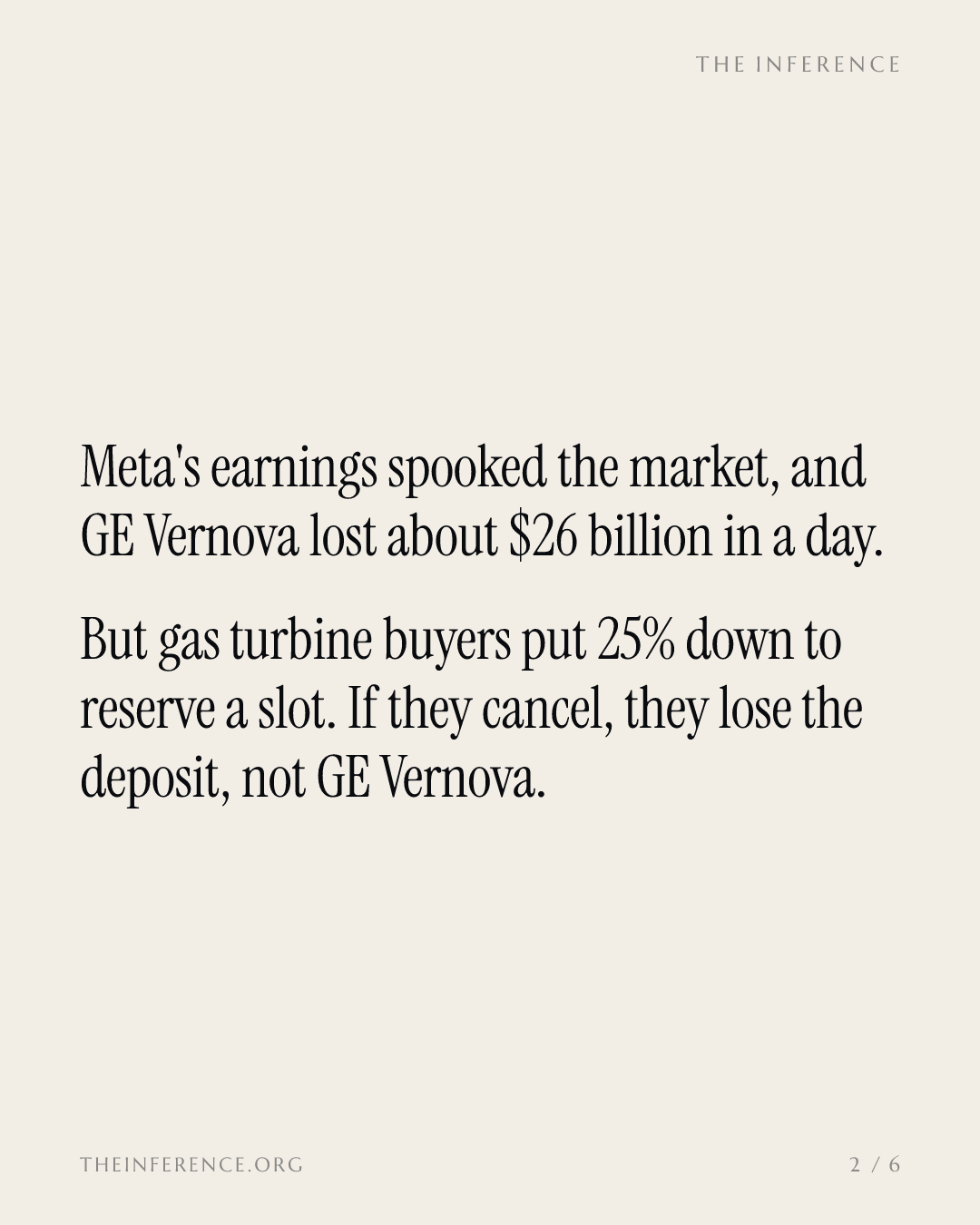 GE Vernova's gas customers put 25% down, so its October 28 order line, not Meta's financing, is the test — slide 1