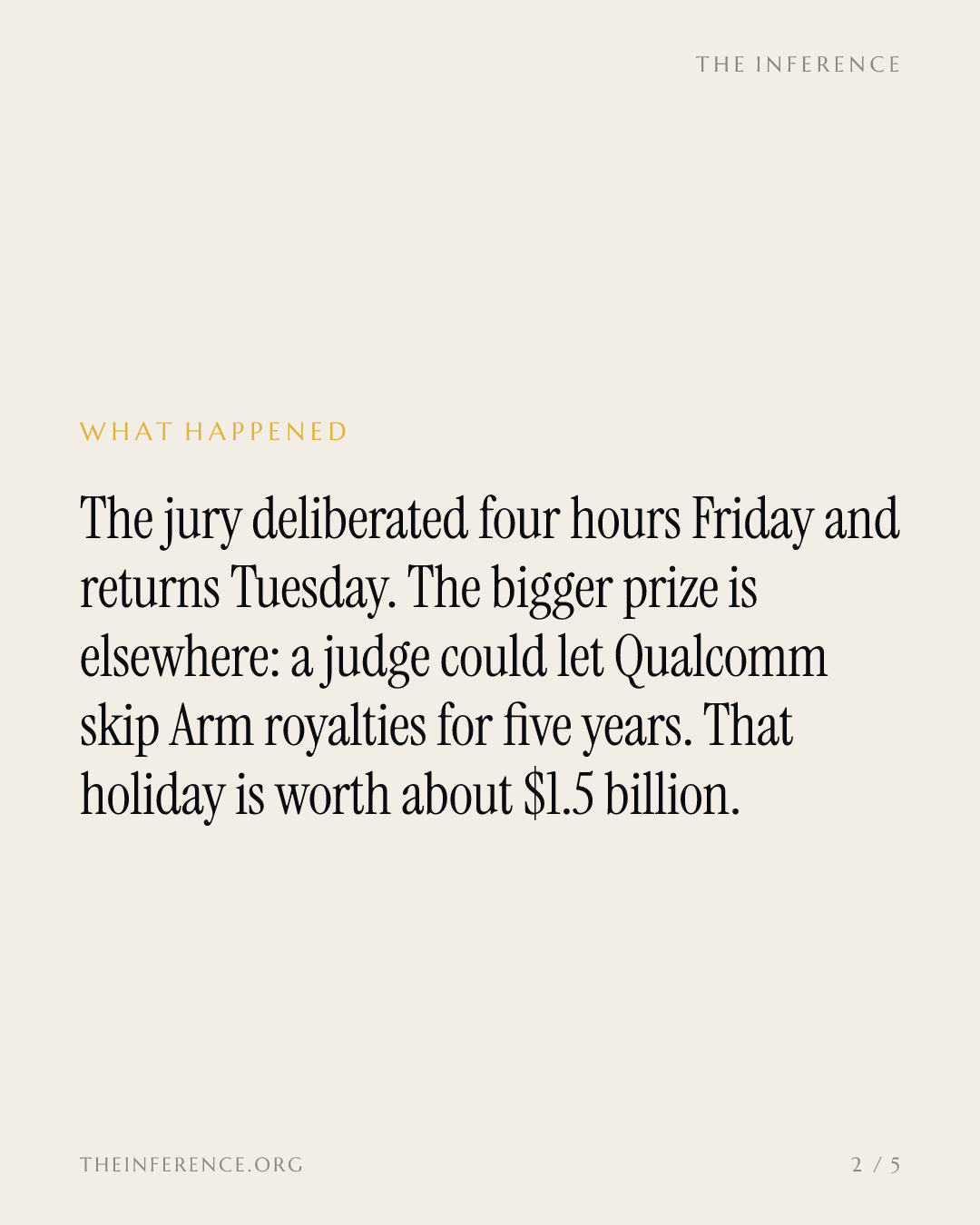 Qualcomm v. Arm: the jury returns Tuesday, but the judge holds the $1.5 billion royalty call — slide 1
