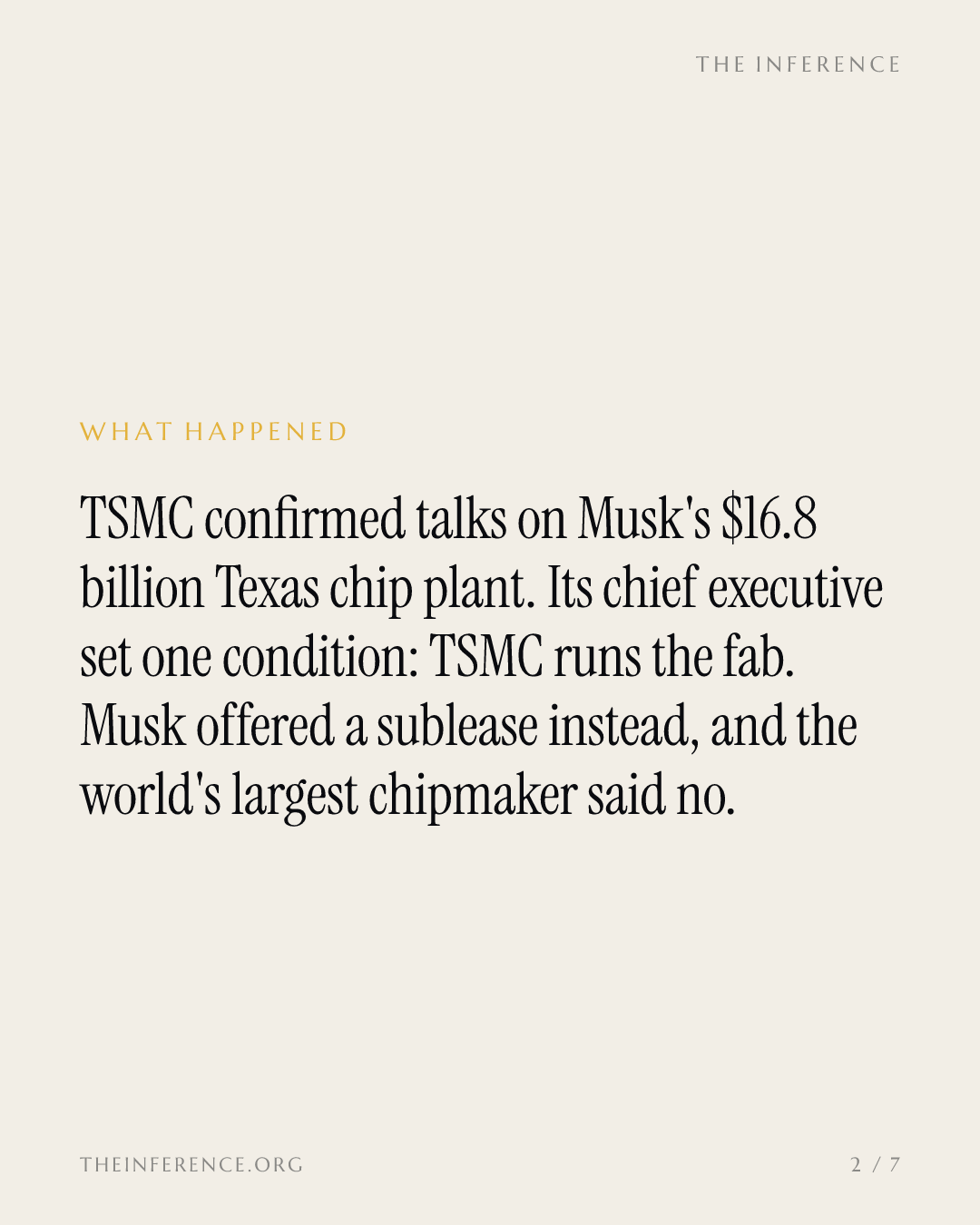 TSMC confirmed talks on Musk's $16.8 billion Terafab and set one condition: TSMC runs it — slide 1