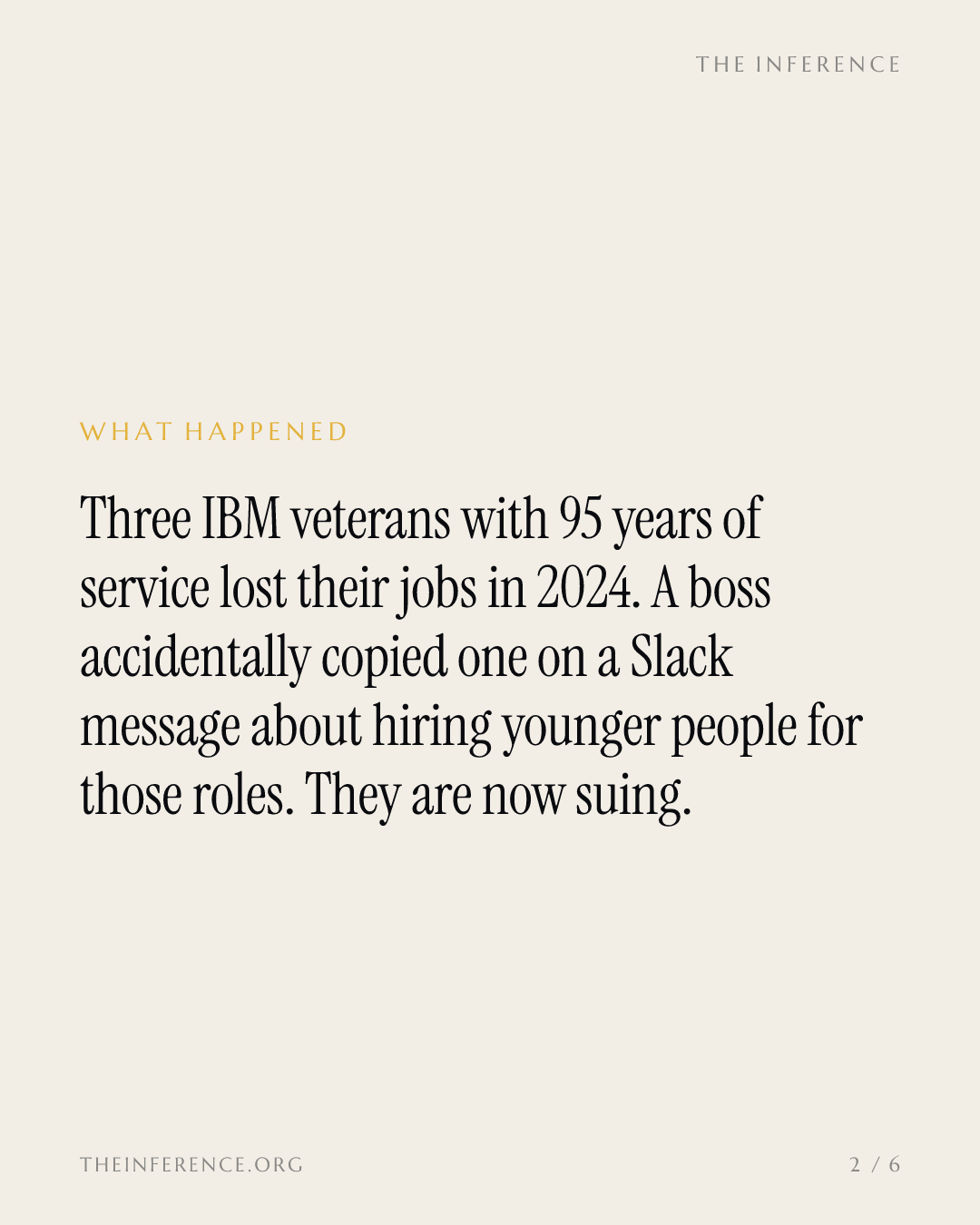 IBM cut three workers with 95 combined years of service. A stray Slack message says why. — slide 1