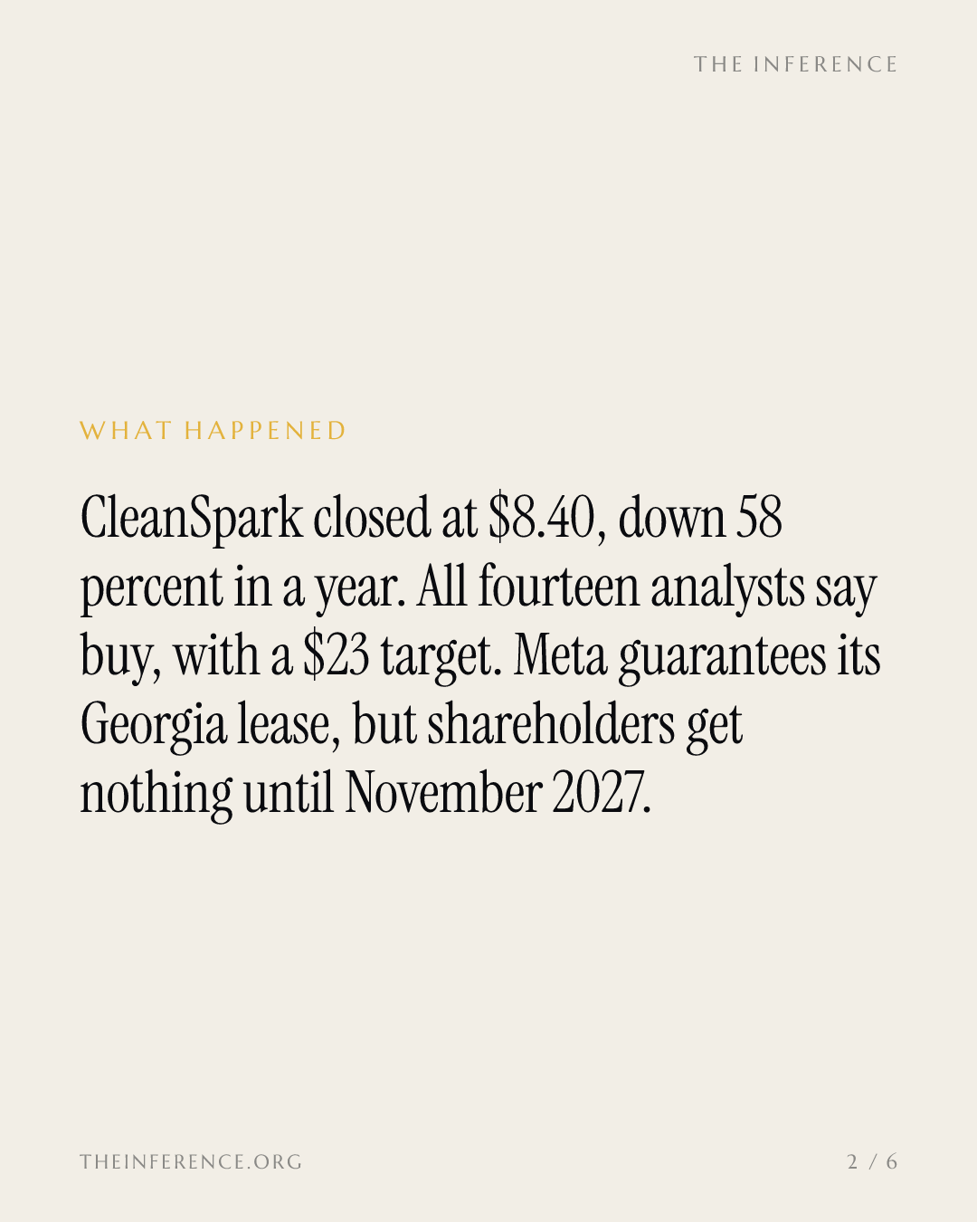 Analysts target $23 on CleanSpark; its Meta-guaranteed lease pays shareholders 59 cents from November 2027 — slide 1