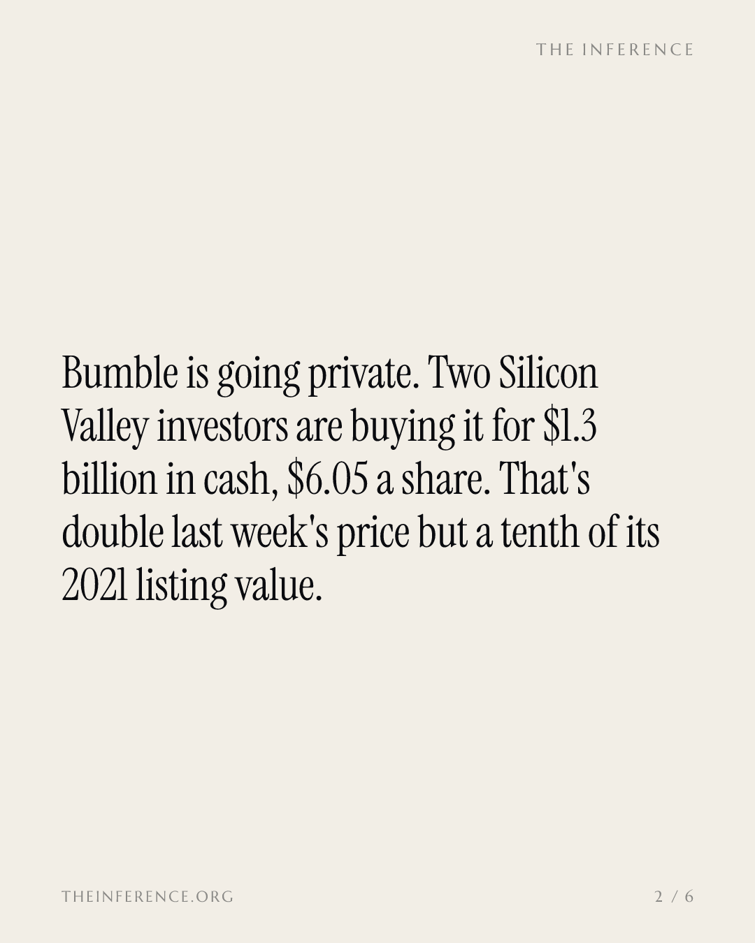 Bumble sells to Ithaca for $1.3 billion at $6.05 a share, about a tenth of its 2021 listing value — slide 1