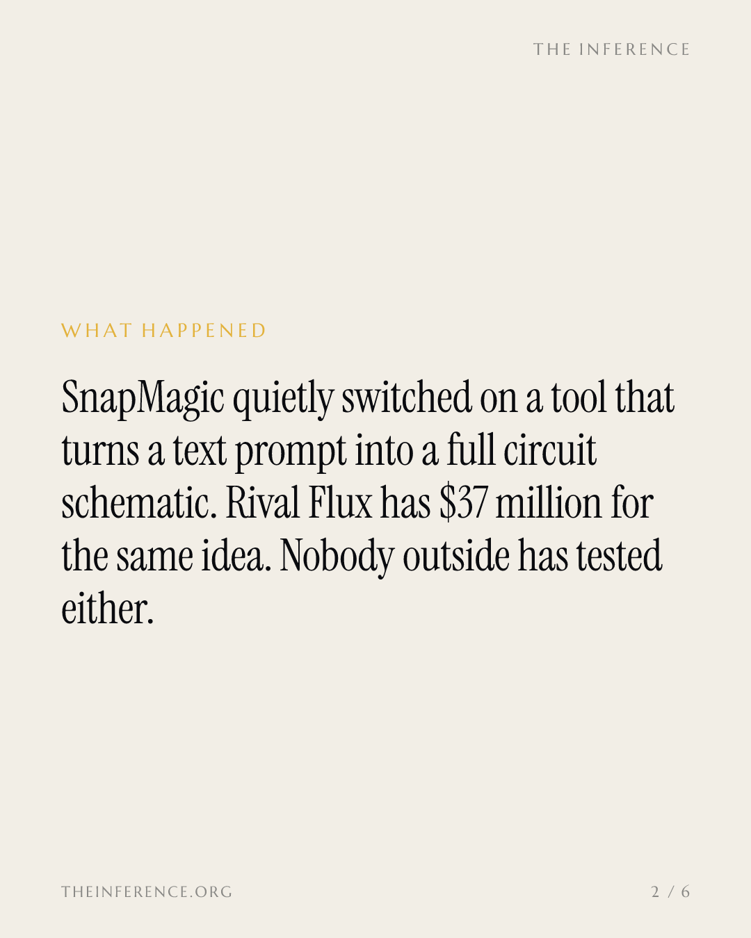 SnapMagic turns text prompts into full circuit schematics; rival Flux has raised $37 million for the same job — slide 1