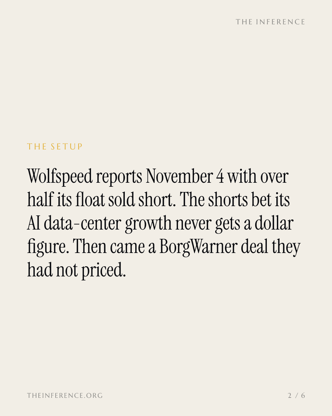 Wolfspeed's BorgWarner deal landed with 51.81% of its float short before the November 4 report — slide 1