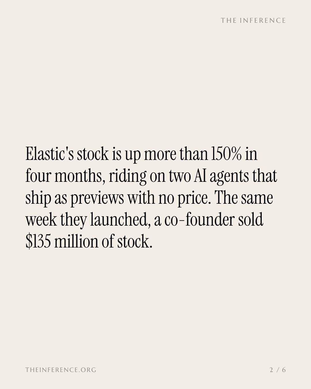 Elastic's new agents ship with no price; its co-founder sold $135 million — slide 1