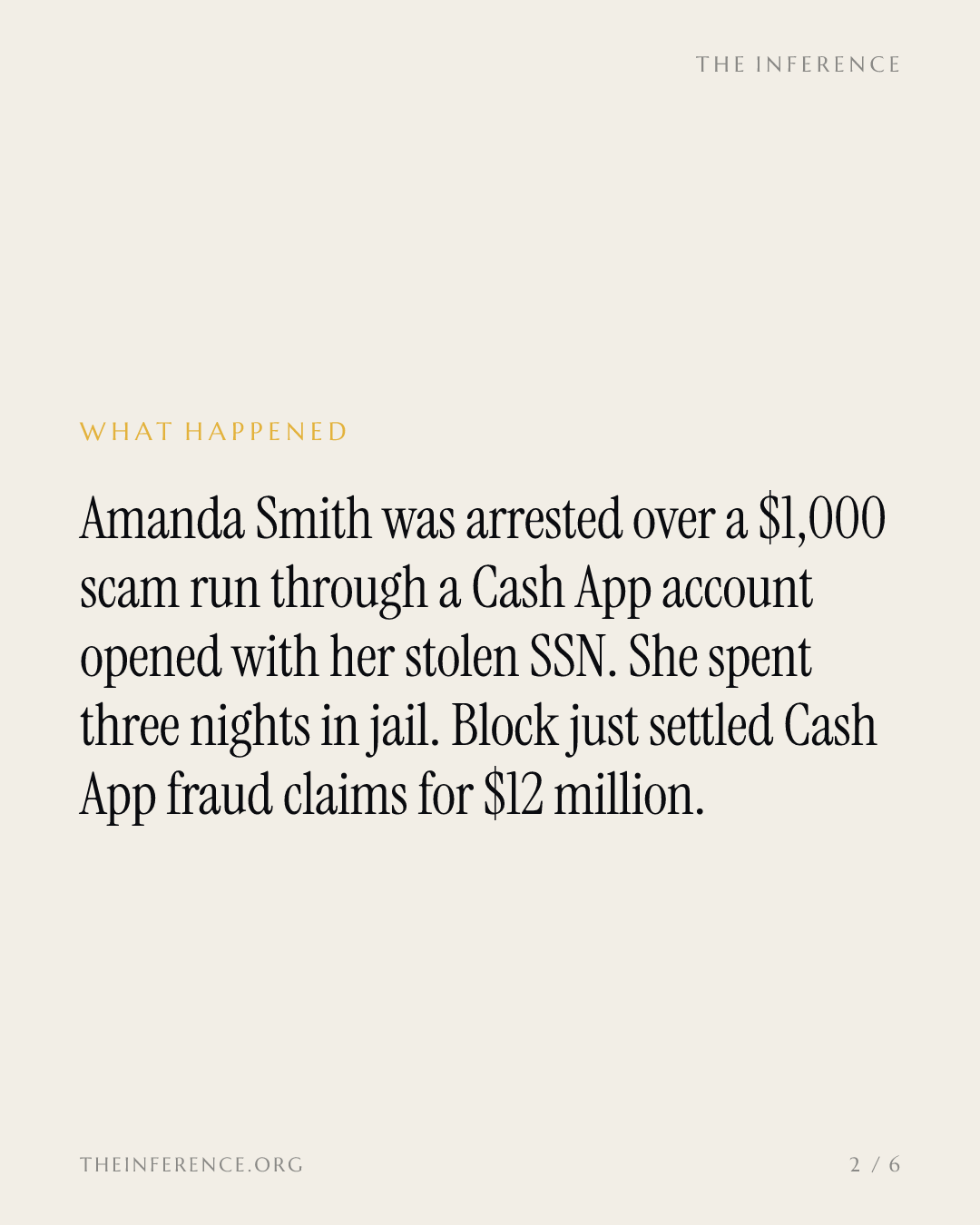 A stolen SSN pinned a $1,000 scam on the wrong woman; Block settled Cash App fraud claims for $12 million — slide 1