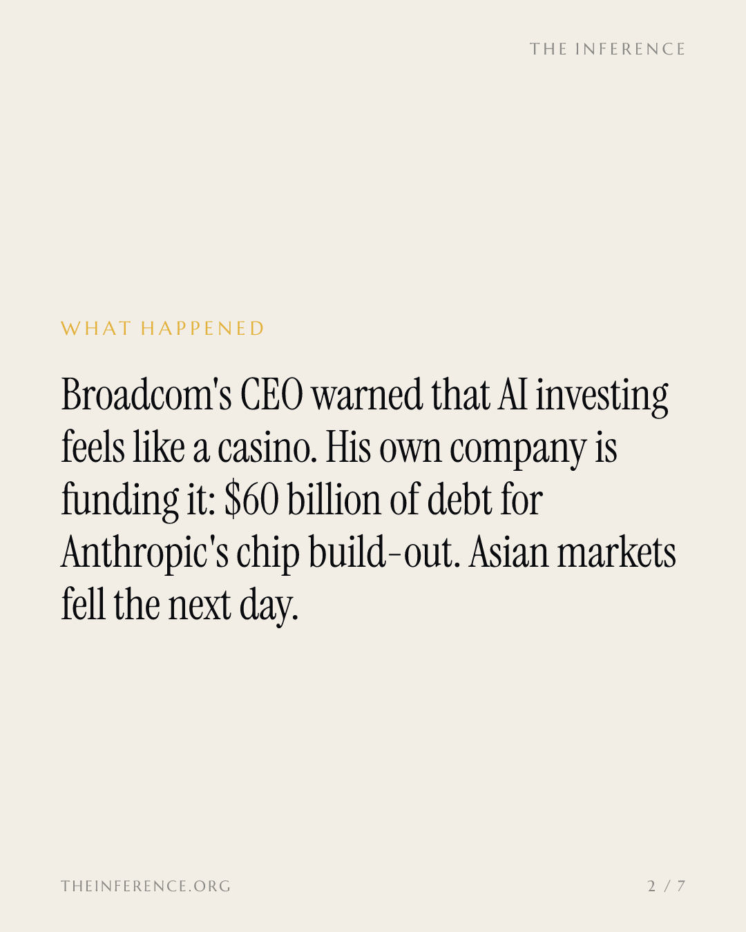 Broadcom CEO Hock Tan warned of an AI casino while funding $60 billion of Anthropic's chip build-out — slide 1