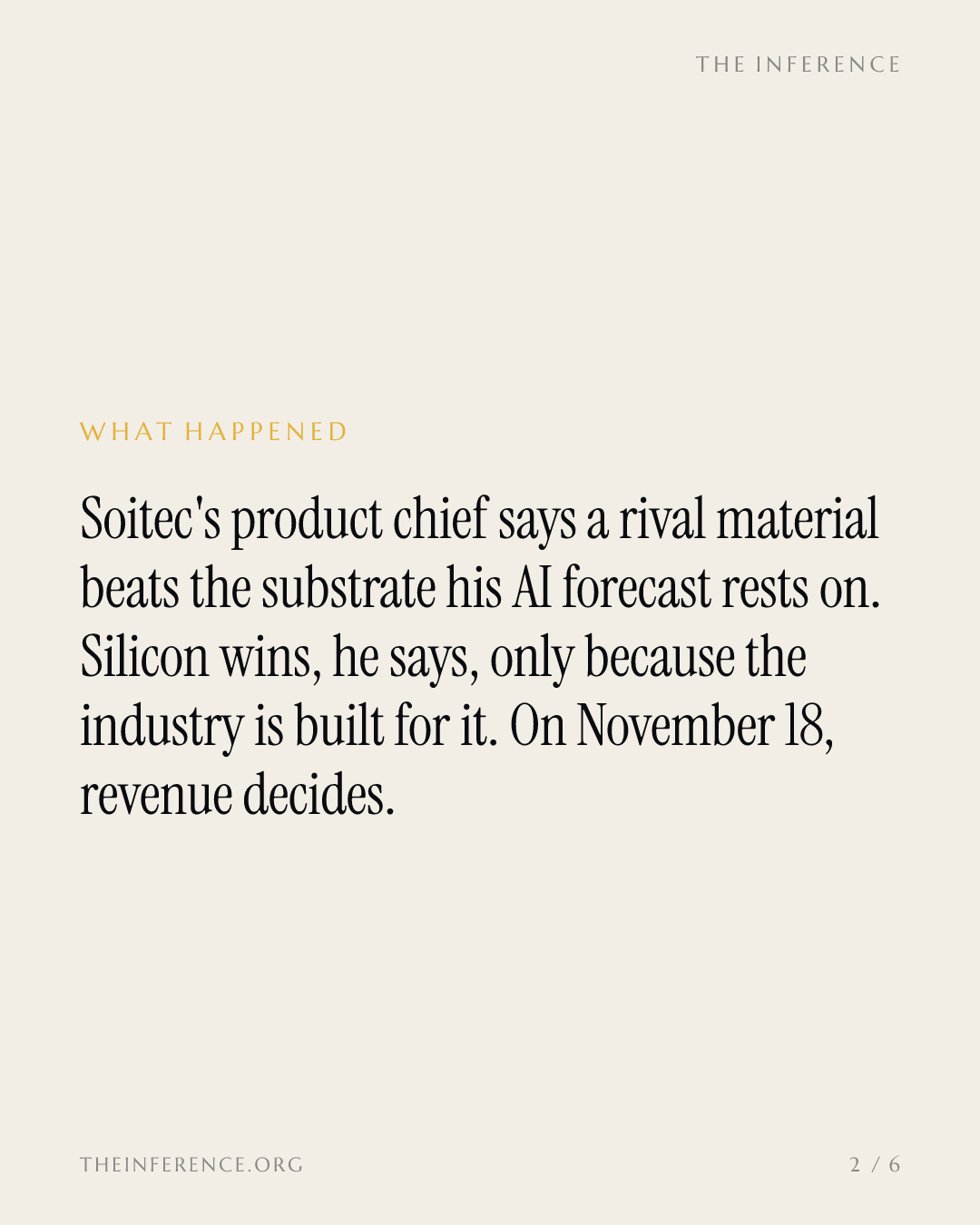 Soitec's chief product officer says indium phosphide outperforms his AI substrate; November 18 revenue decides — slide 1