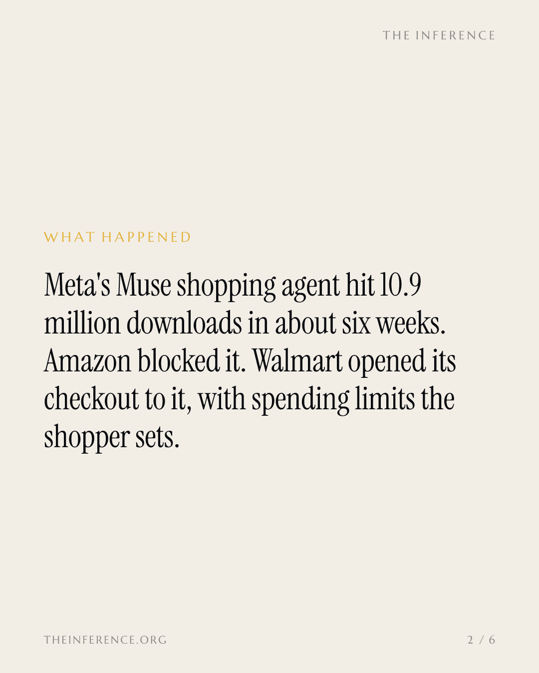 Meta's Muse shopping agent hit 10.9 million downloads as Amazon blocked it and Walmart opened checkout — slide 1