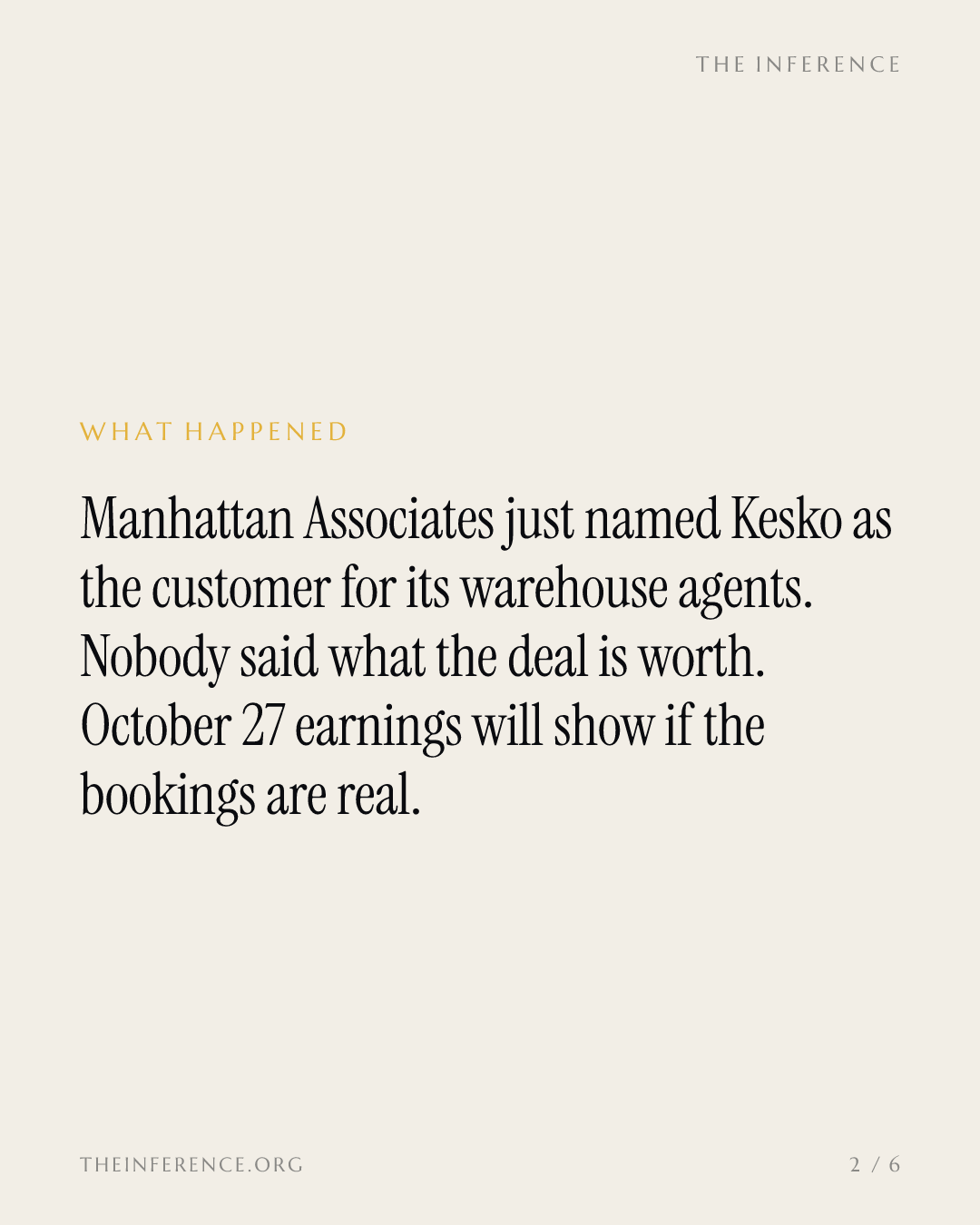 Manhattan Associates has no price on Kesko's agent mandate; the bookings answer comes October 27 — slide 1