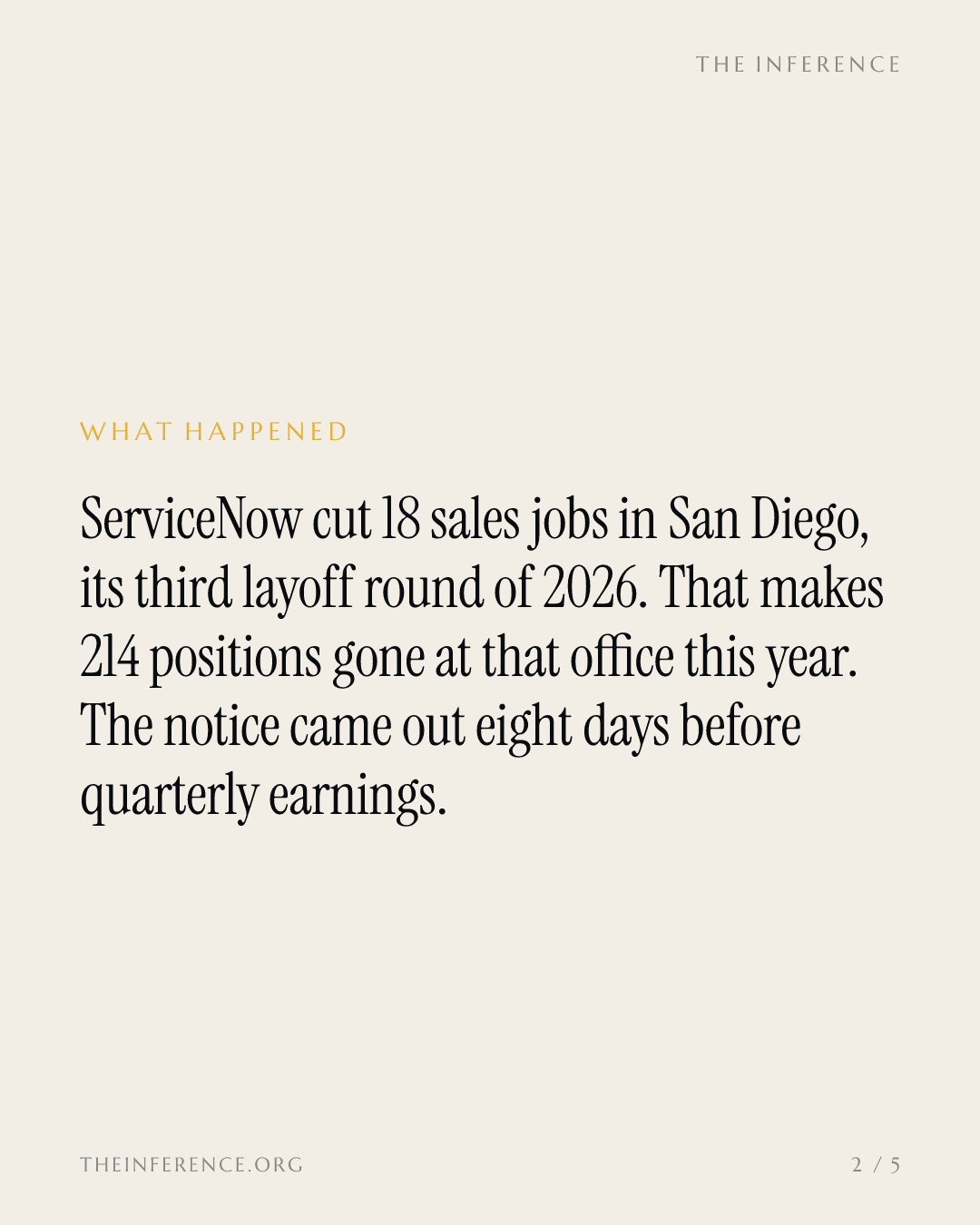 ServiceNow cut 214 San Diego jobs in 2026 as GAAP operating income fell 55%; earnings October 28 — slide 1