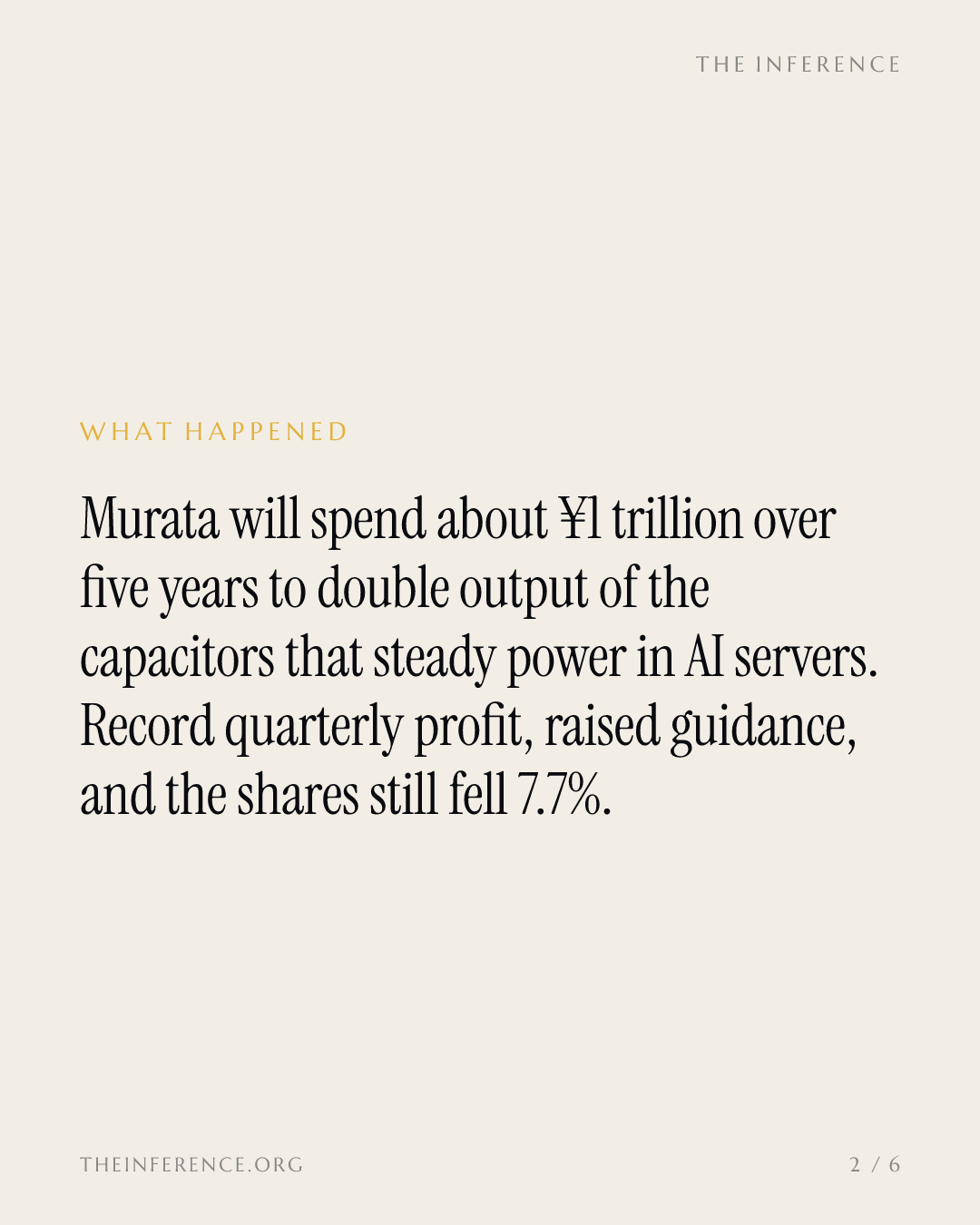 Murata pledges ¥1 trillion to double capacitor output; shares fall 7.7% anyway — slide 1