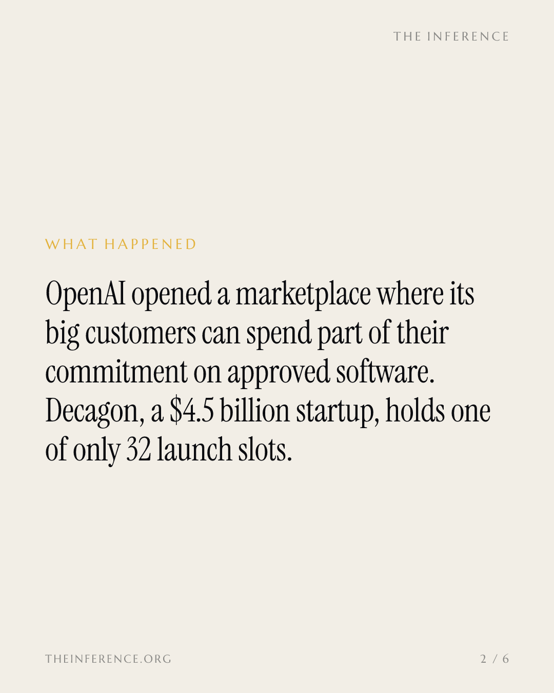 OpenAI's marketplace turns AI commitments into currency, and Decagon holds one of 32 slots — slide 1