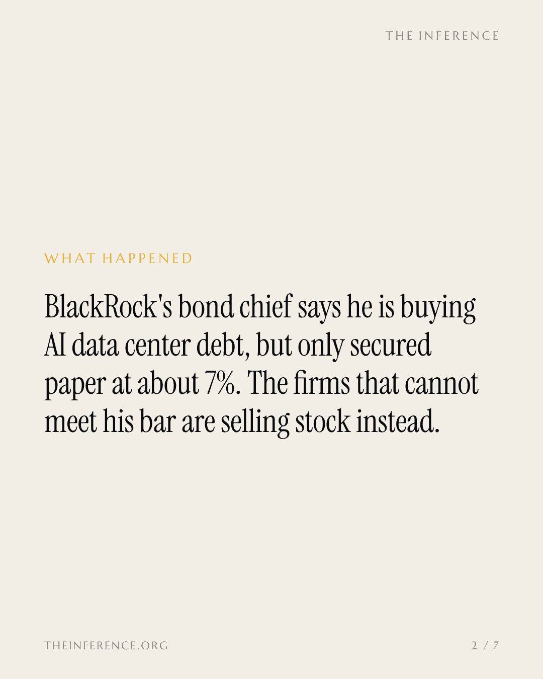 BlackRock's bar for AI debt is 7% and secured; below it only Nvidia's balance sheet still works — slide 1