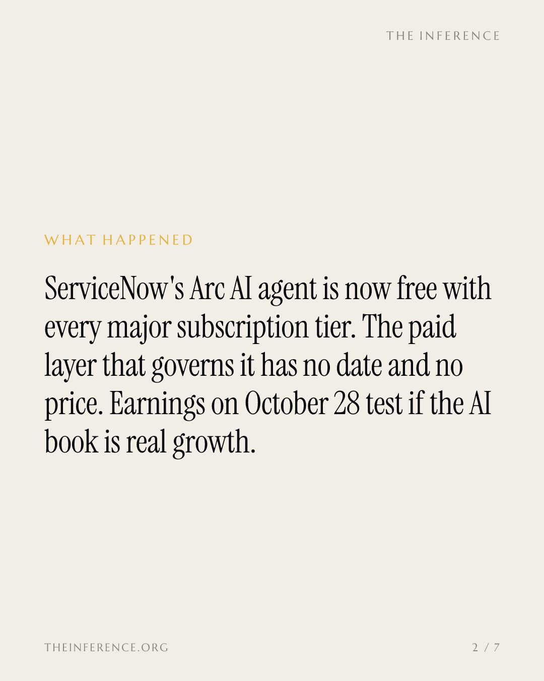 ServiceNow made its Arc AI agent free with every major SKU; $1 billion AI book tests October 28 — slide 1