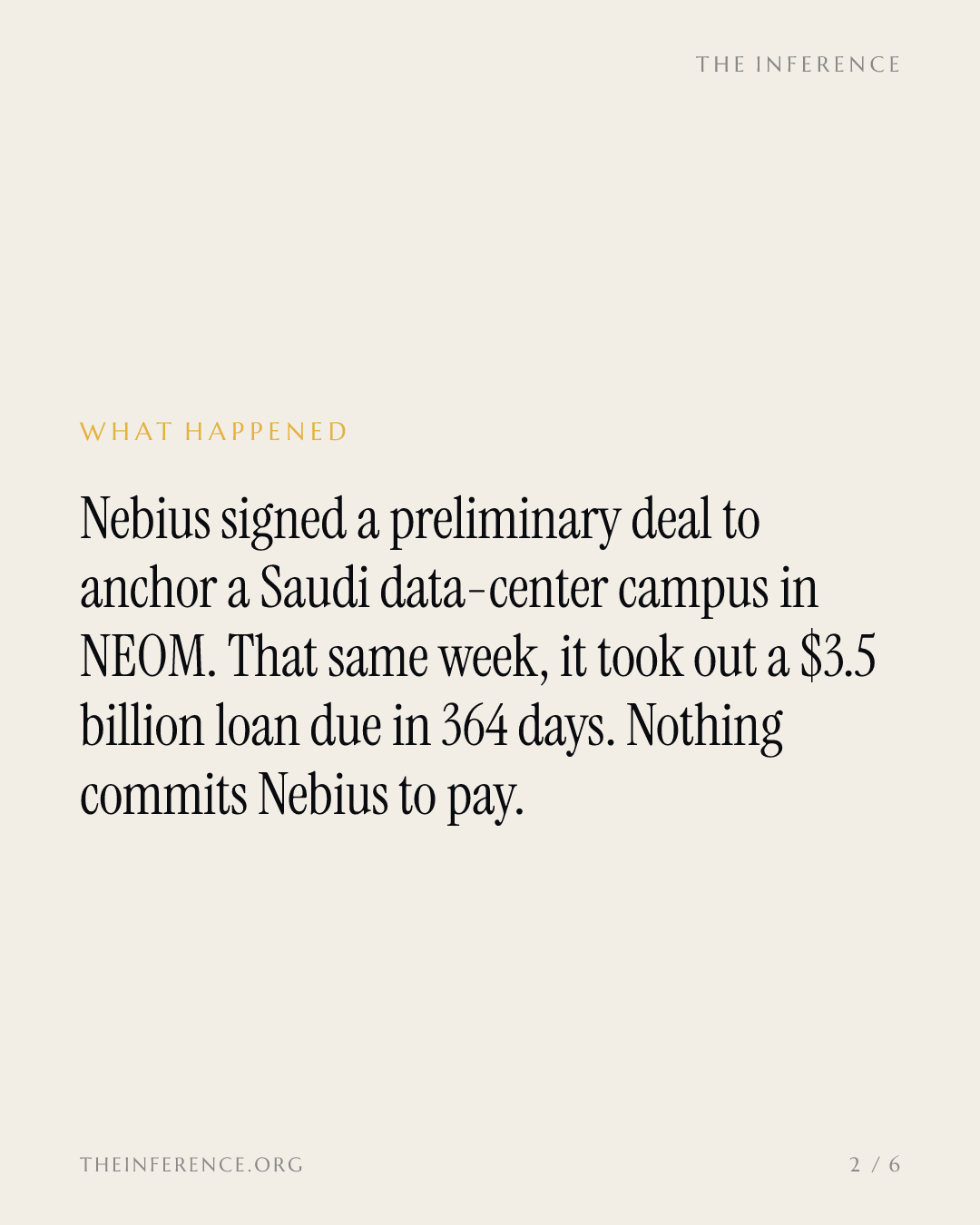 Nebius's NEOM demand receipt is a preliminary agreement sitting under a one-year loan — slide 1