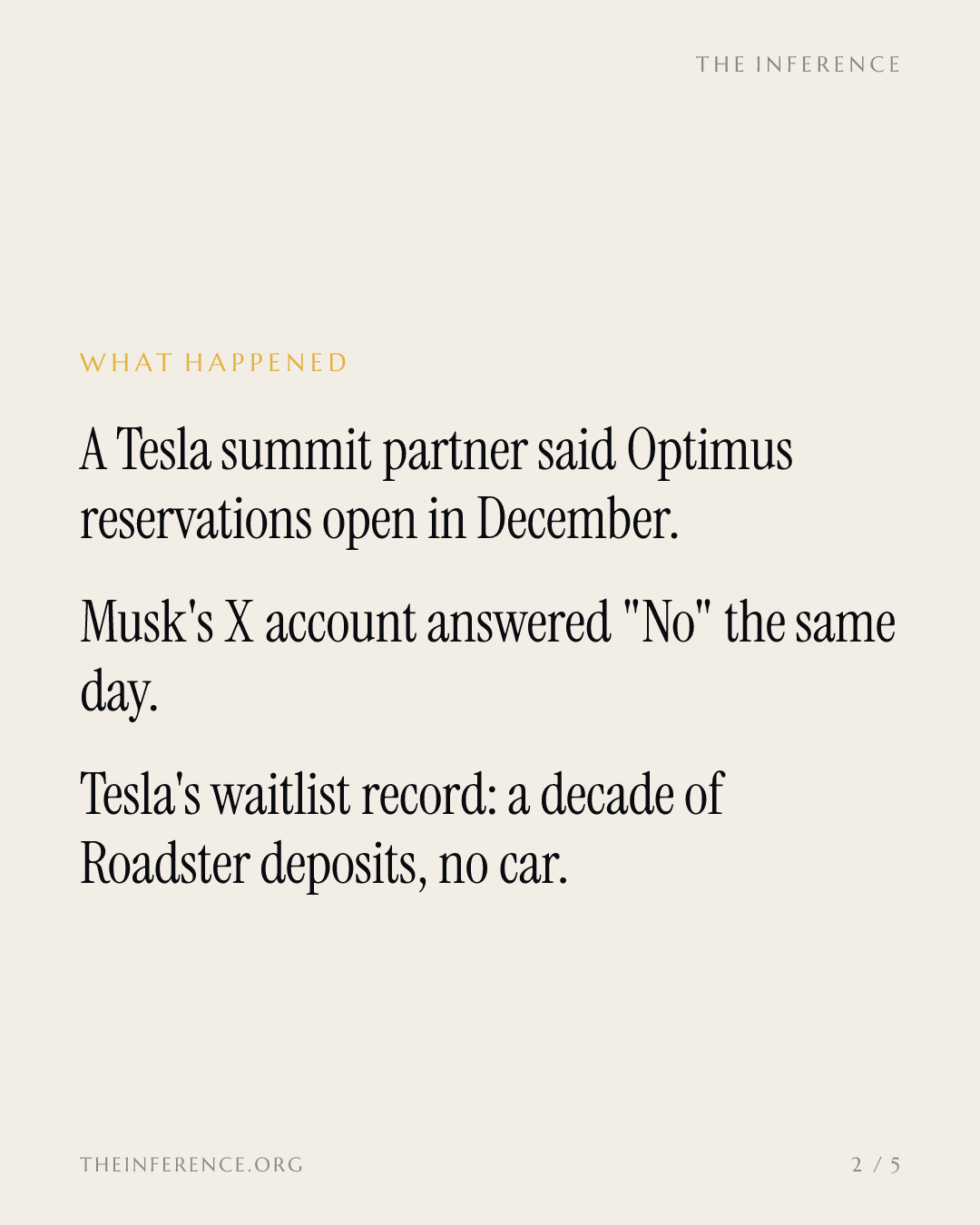 Musk says no to a December Optimus waitlist after a Tesla conference partner said yes — slide 1