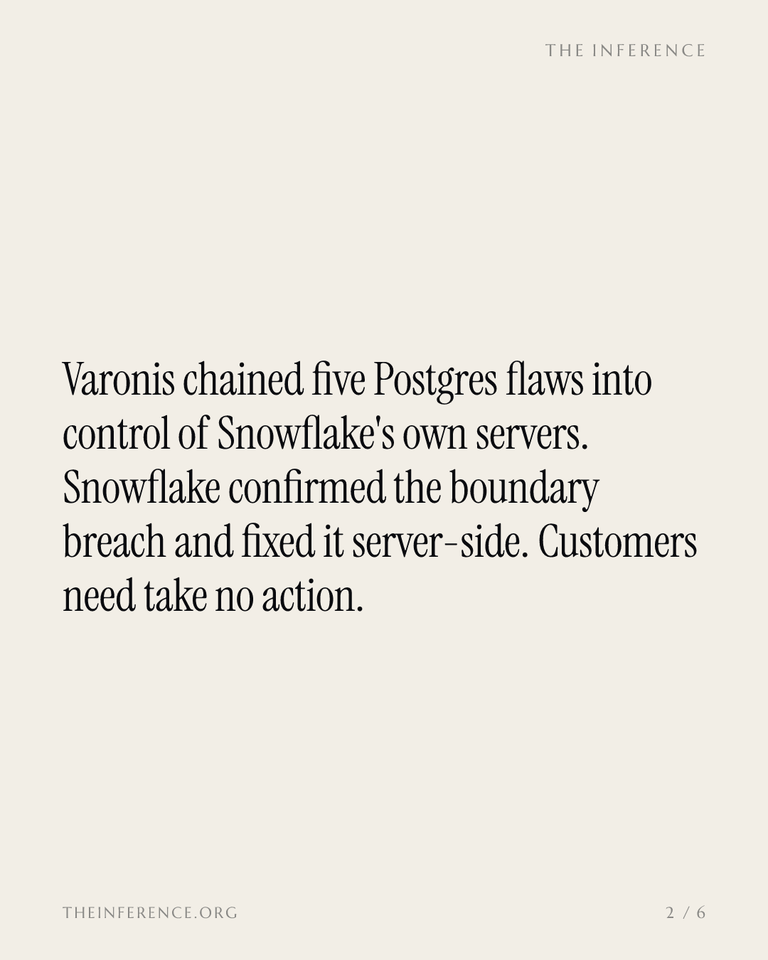 Varonis chained five Snowflake Postgres flaws into OS-level execution; the stock is at over 21 times sales — slide 1