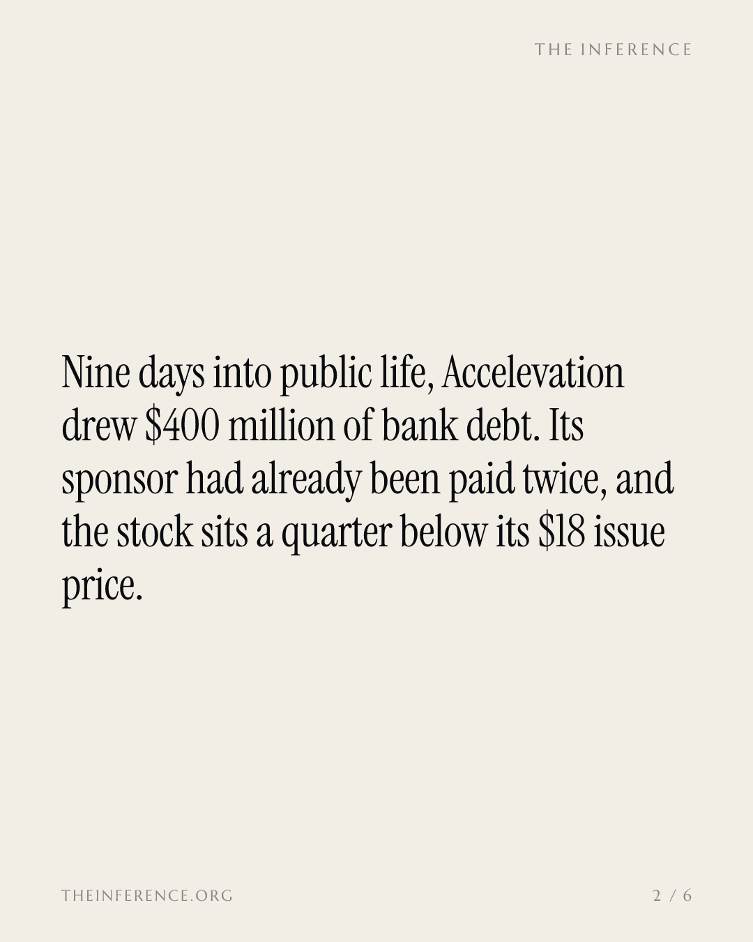 Accelevation paid its sponsor $299 million pre-IPO, then drew $400 million of bank debt; stock below $18 — slide 1