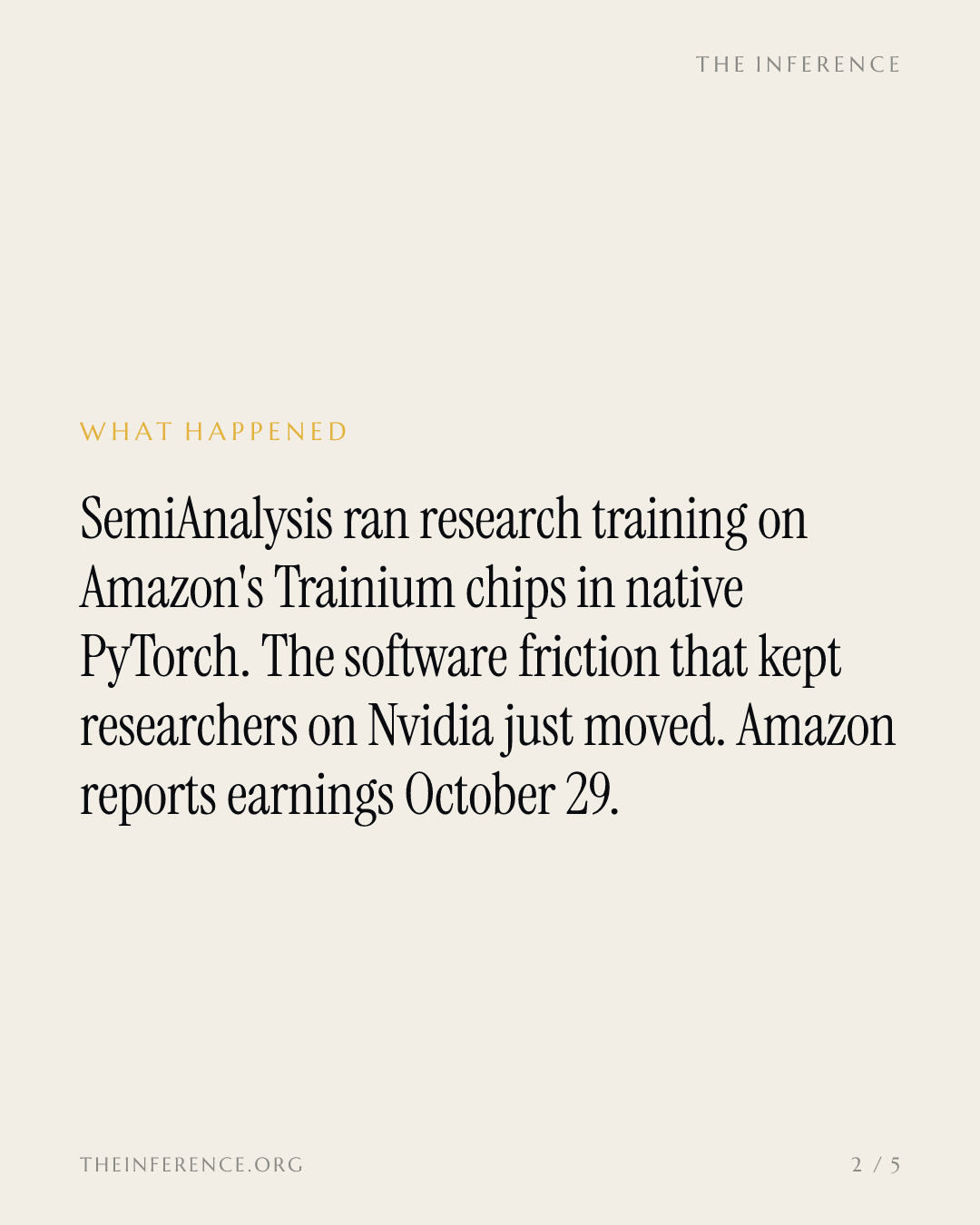 Amazon's Trainium can now train AI models, not just run them, testing Nvidia before Amazon's October 29 report — slide 1